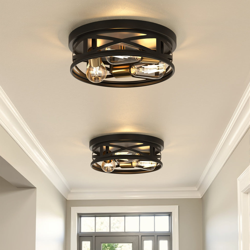 Jandcase 3-Light Matte Black and Antique Brass Semi Flush Mount Ceiling Light Modern Geometric Round Ceiling Fixture E26