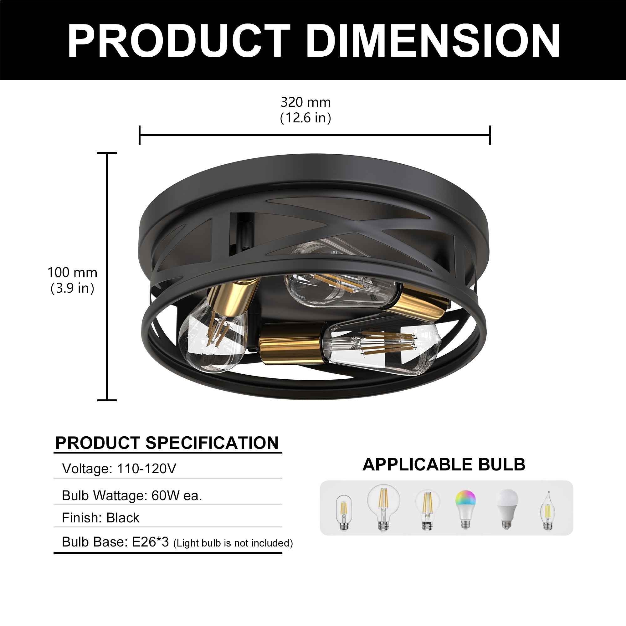 Jandcase 3-Light Matte Black and Antique Brass Semi Flush Mount Ceiling Light Modern Geometric Round Ceiling Fixture E26