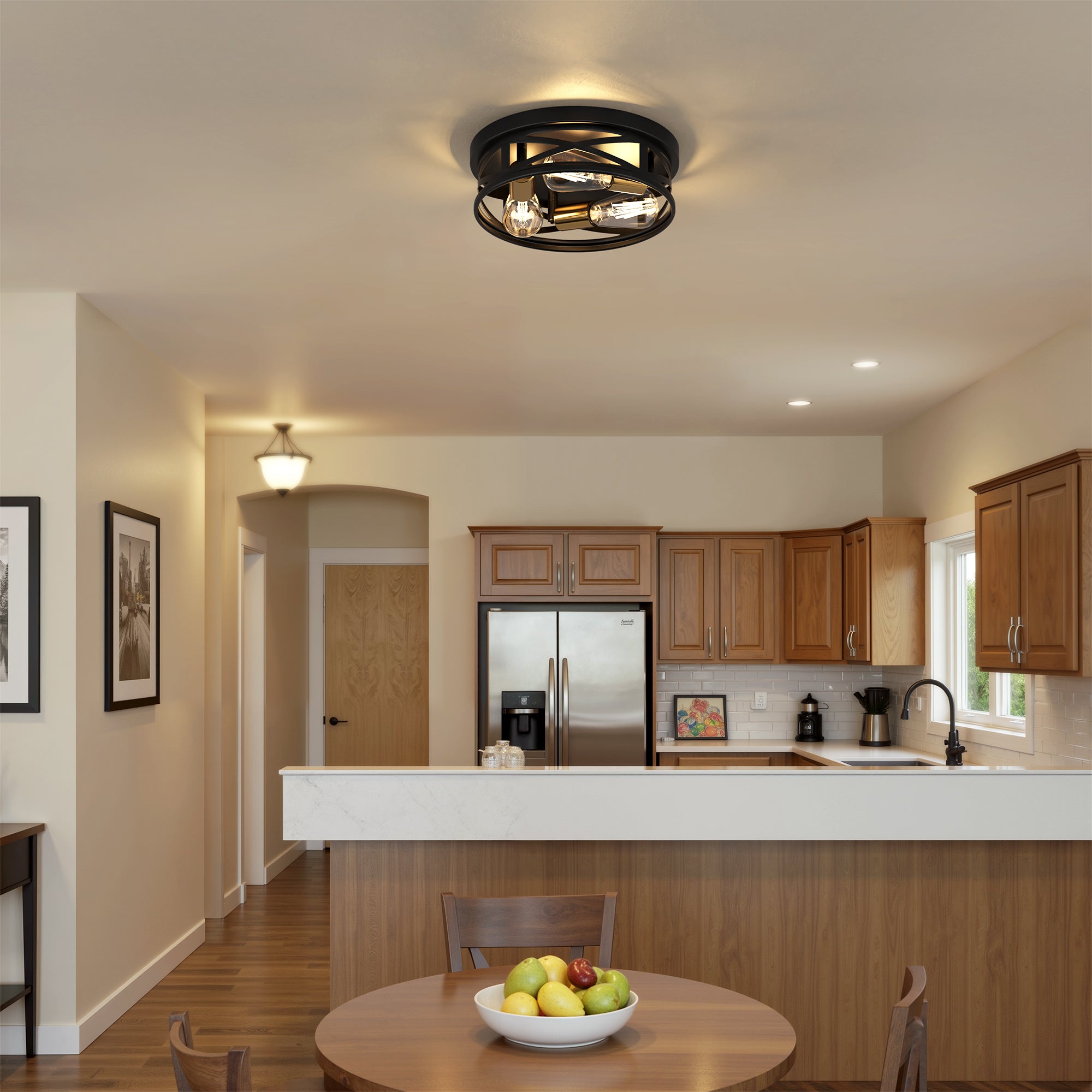 Jandcase 3-Light Matte Black and Antique Brass Semi Flush Mount Ceiling Light Modern Geometric Round Ceiling Fixture E26