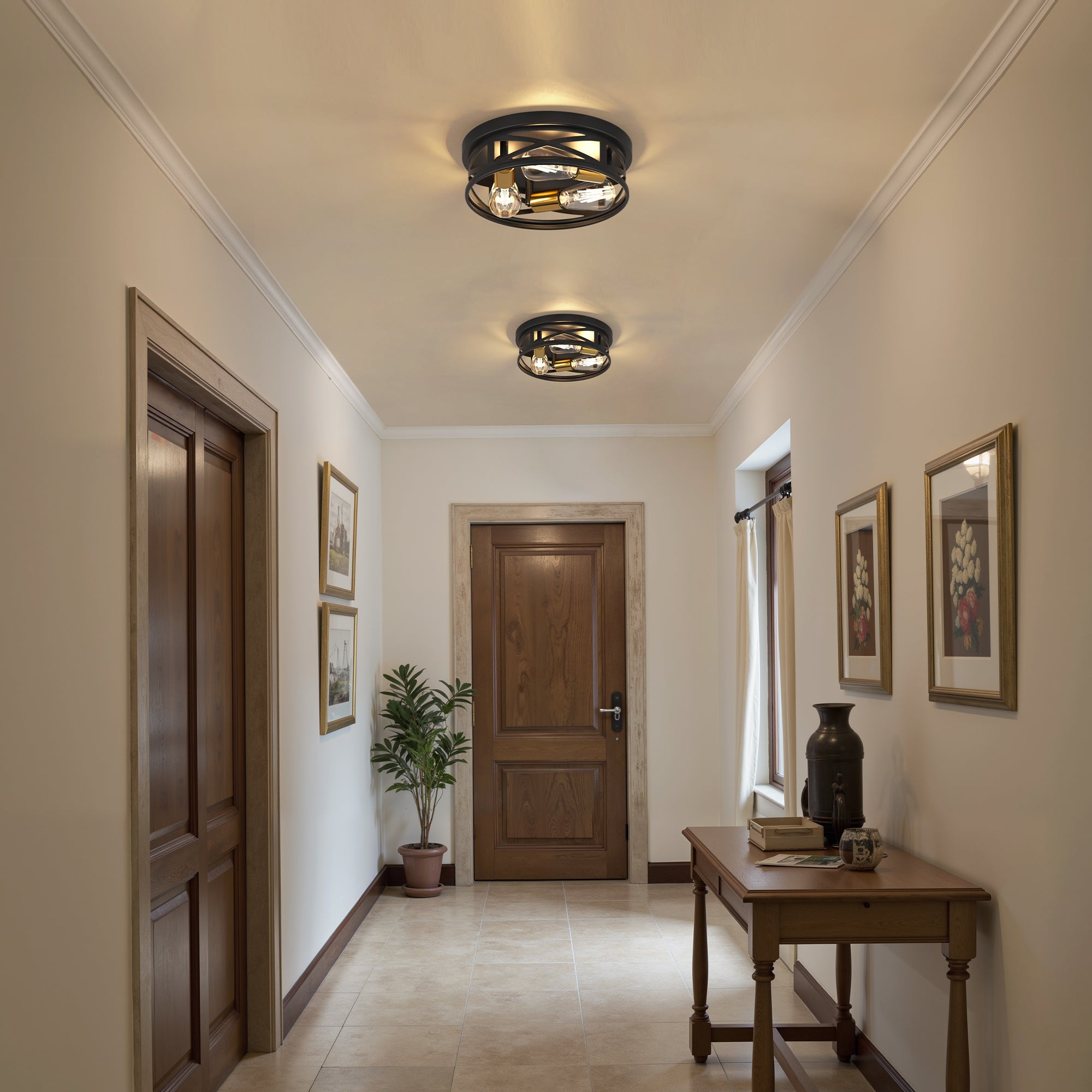 Jandcase 3-Light Matte Black and Antique Brass Semi Flush Mount Ceiling Light Modern Geometric Round Ceiling Fixture E26