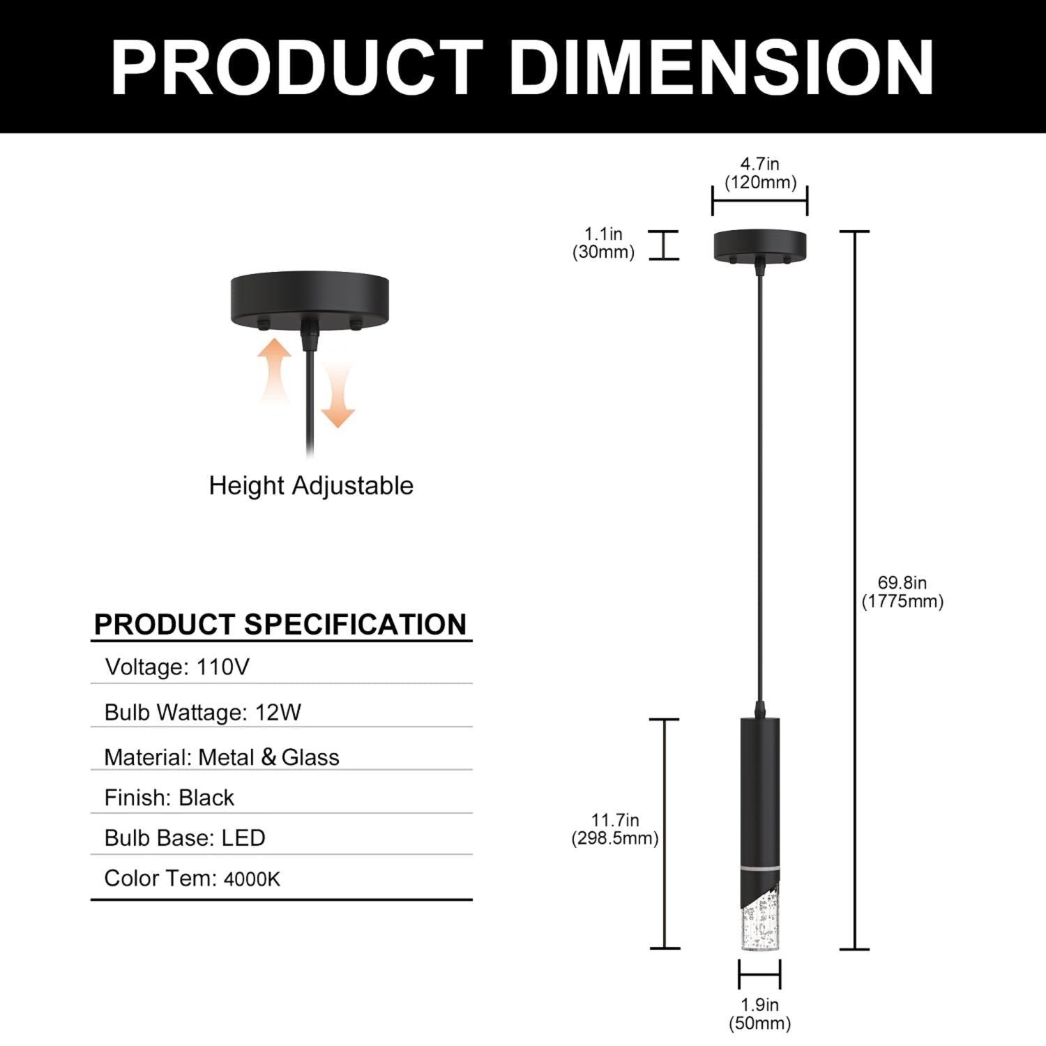 3-Pack1-Light 12W  Black Integrated LED Chandeliers with Crystal Shade, Indoor Decorative Hanging Light Fixture 4000K