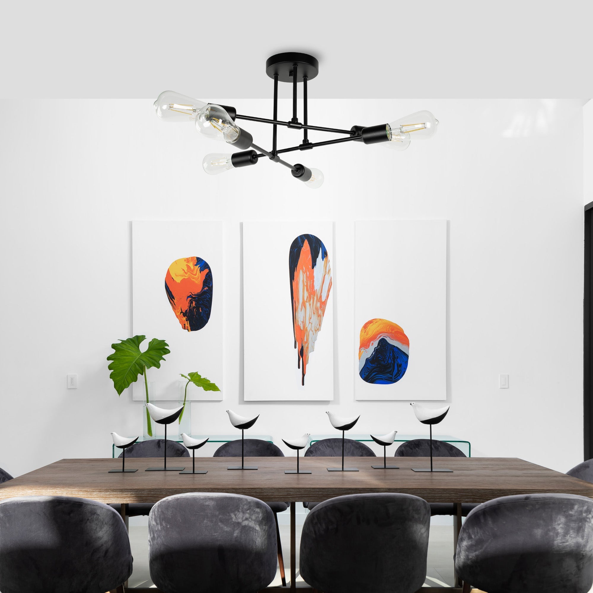 Jandcase 16 in. 6-Light Black Sputnik Modern Linear Semi Flush Mount