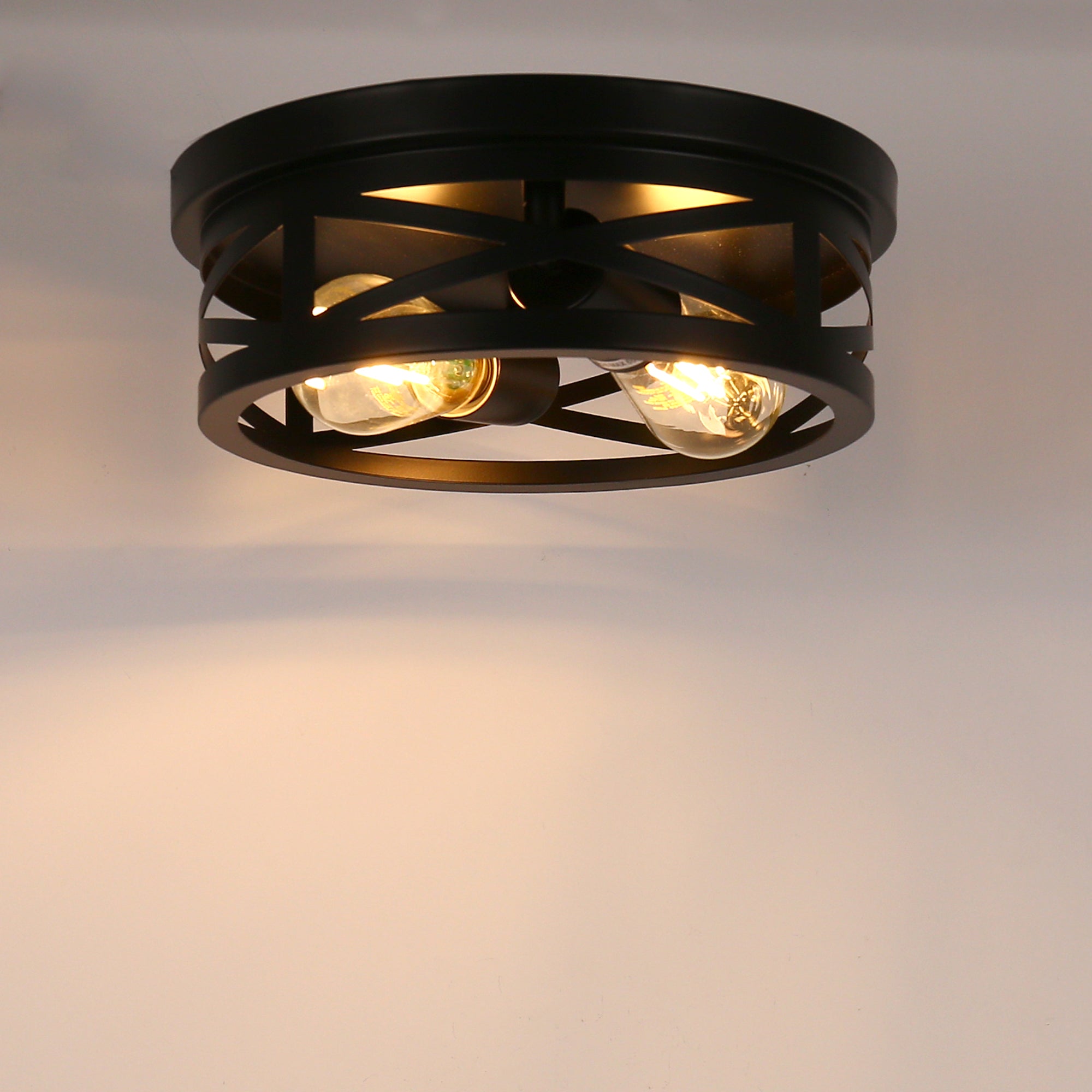 Jandcase 11 in. Black Industrial Metal Frame Flush Mount Ceiling Light with Drum Metal Cage Shade E26 Base (Bulbs Not Included)