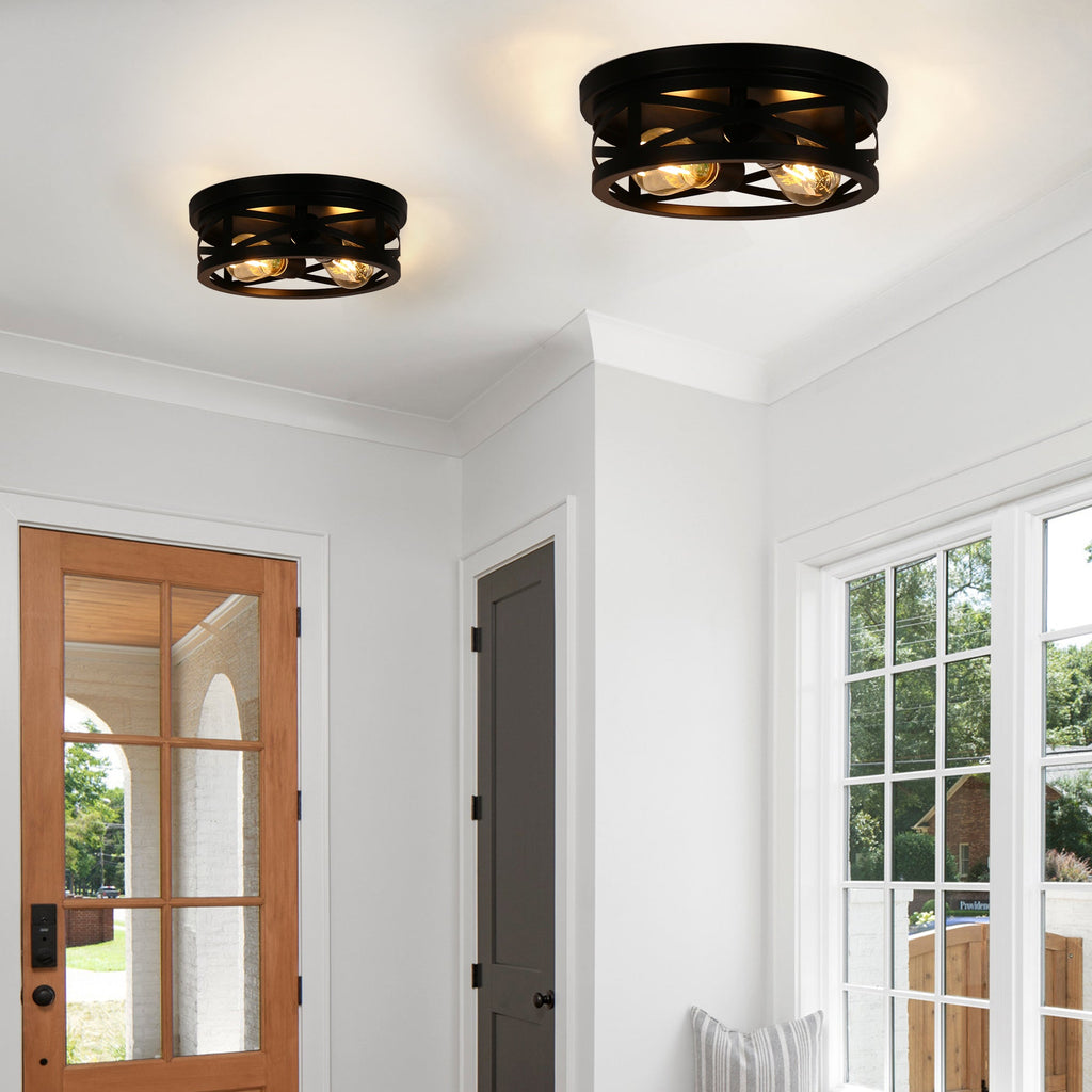 Jandcase 11 in. Black Industrial Metal Frame Flush Mount Ceiling Light with Drum Metal Cage Shade E26 Base (Bulbs Not Included)