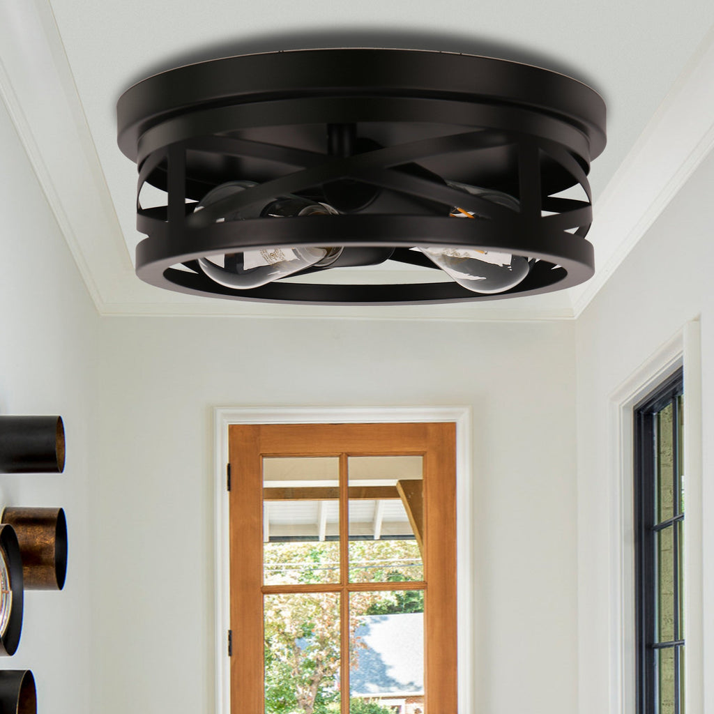 Jandcase 11 in. Black Industrial Metal Frame Flush Mount Ceiling Light with Drum Metal Cage Shade E26 Base (Bulbs Not Included)