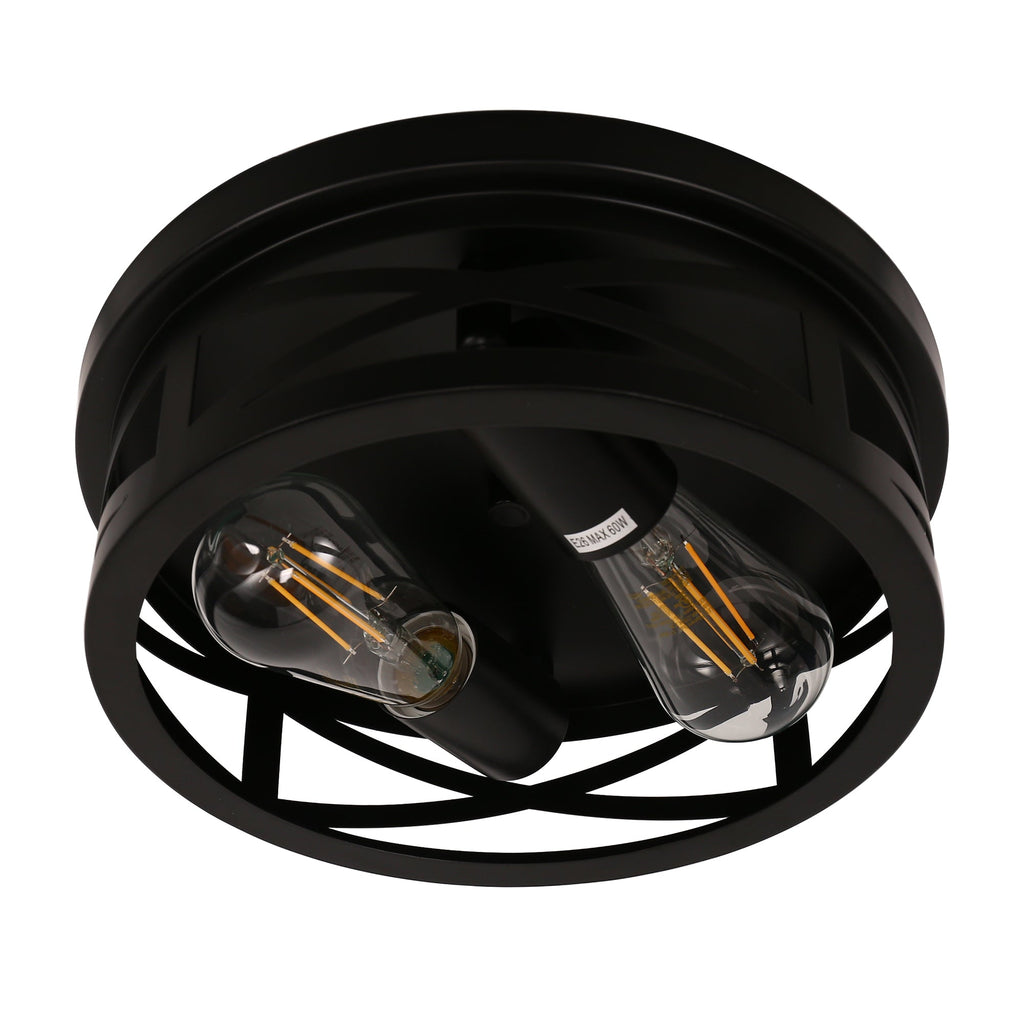 Jandcase 11 in. Black Industrial Metal Frame Flush Mount Ceiling Light with Drum Metal Cage Shade E26 Base (Bulbs Not Included)