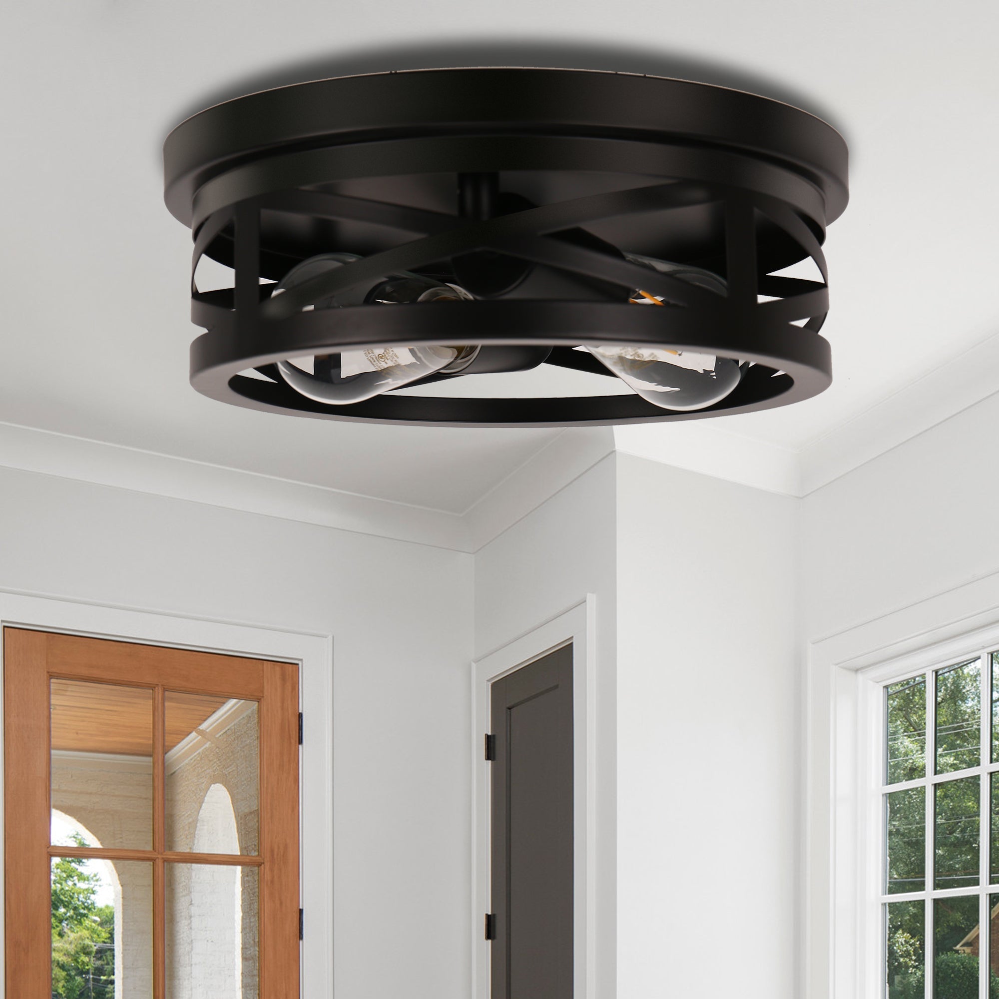 Jandcase 11 in. Black Industrial Metal Frame Flush Mount Ceiling Light with Drum Metal Cage Shade E26 Base (Bulbs Not Included)