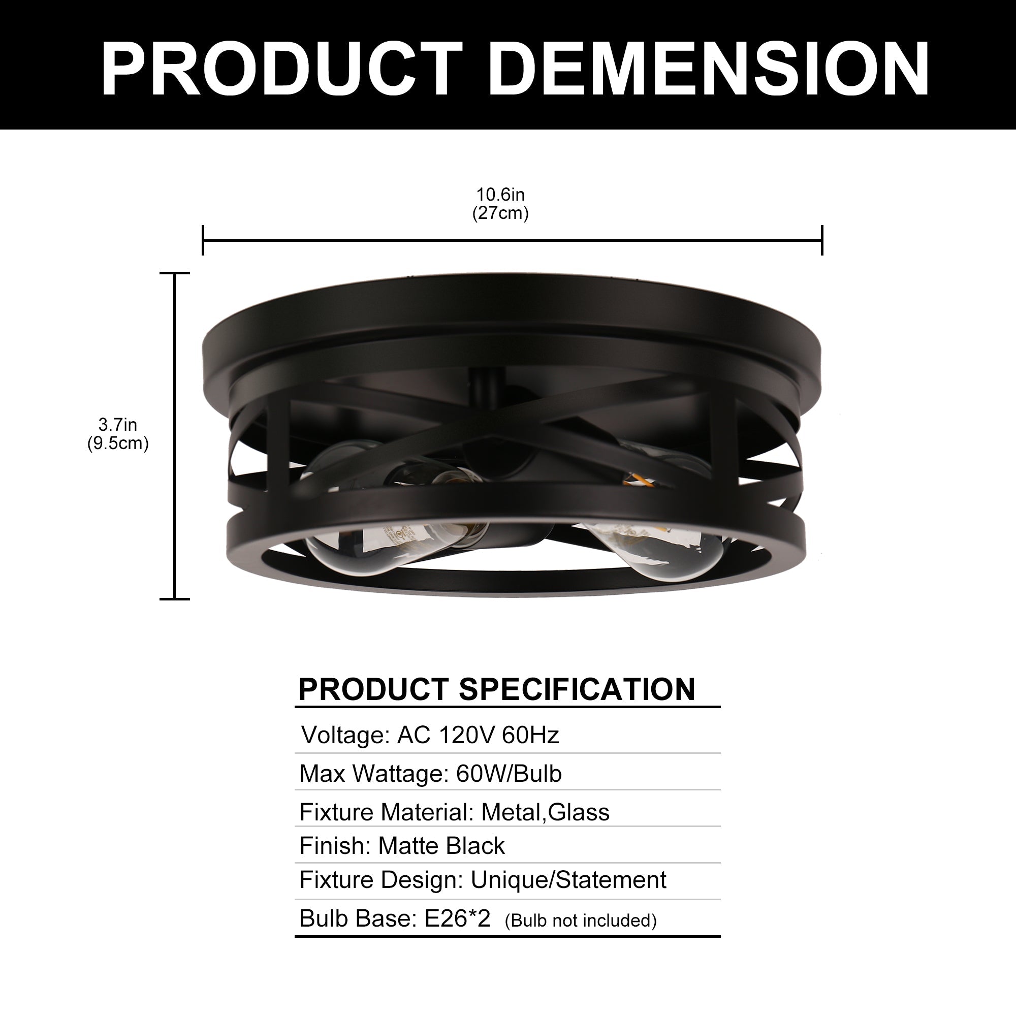 Jandcase 11 in. Black Industrial Metal Frame Flush Mount Ceiling Light with Drum Metal Cage Shade E26 Base (Bulbs Not Included)
