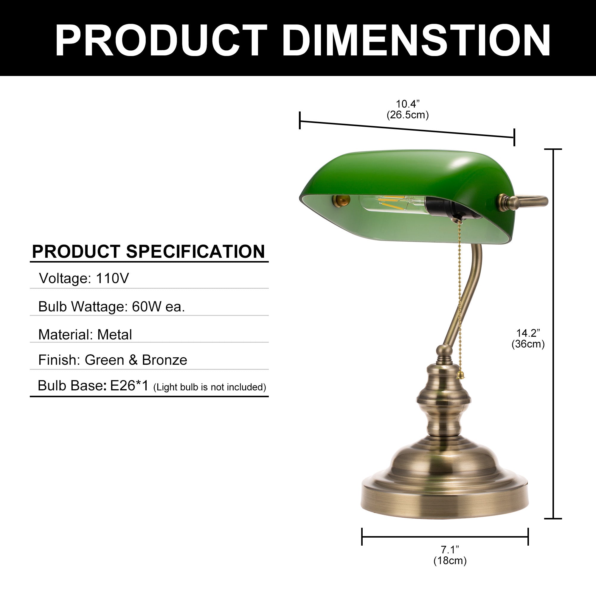 Jandcase 14 in. Vintage Retro Metal Table Lamp with Green Glass Shade, E26 Base for Bedroom, Living Room, and Dining