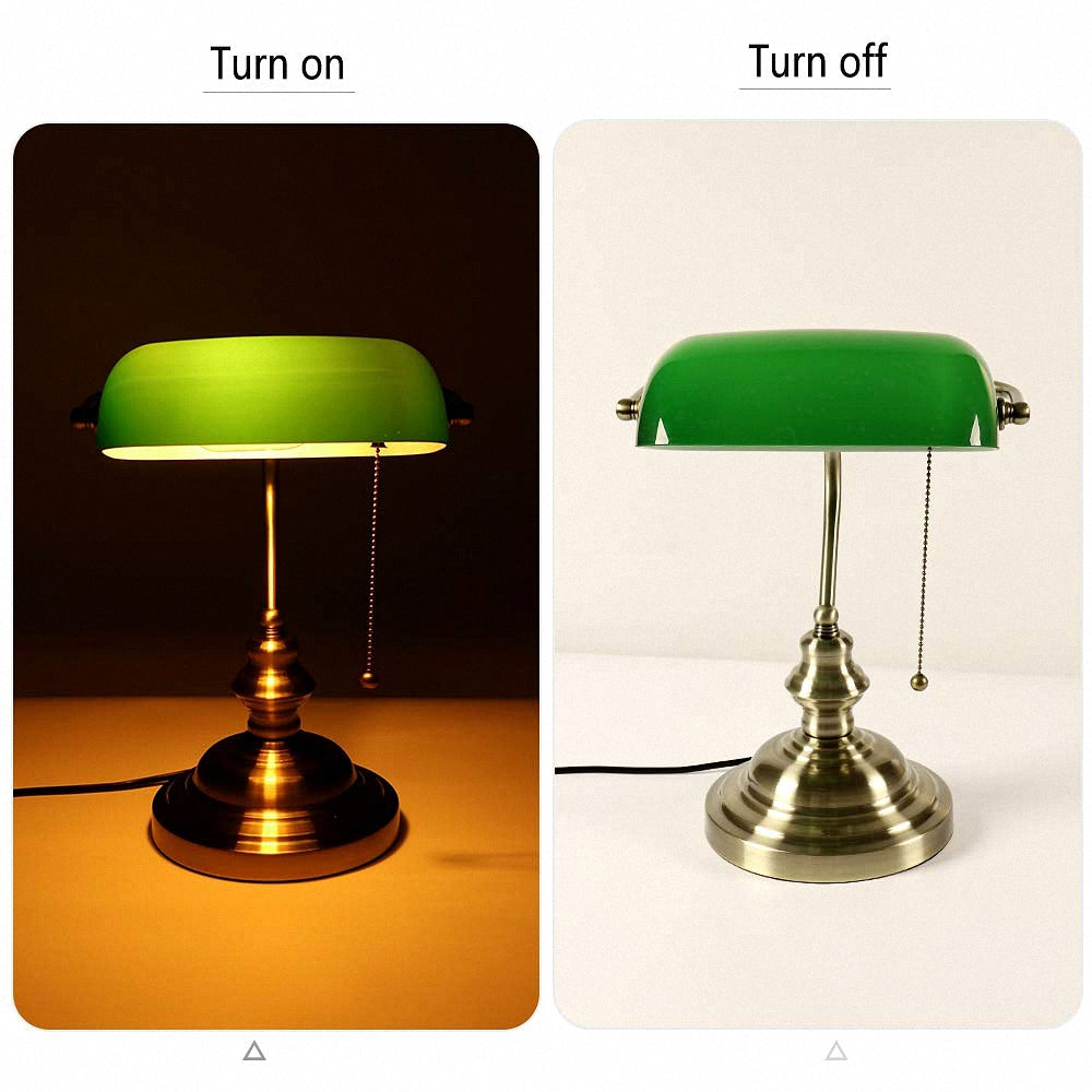 Jandcase 14 in. Vintage Retro Metal Table Lamp with Green Glass Shade, E26 Base for Bedroom, Living Room, and Dining