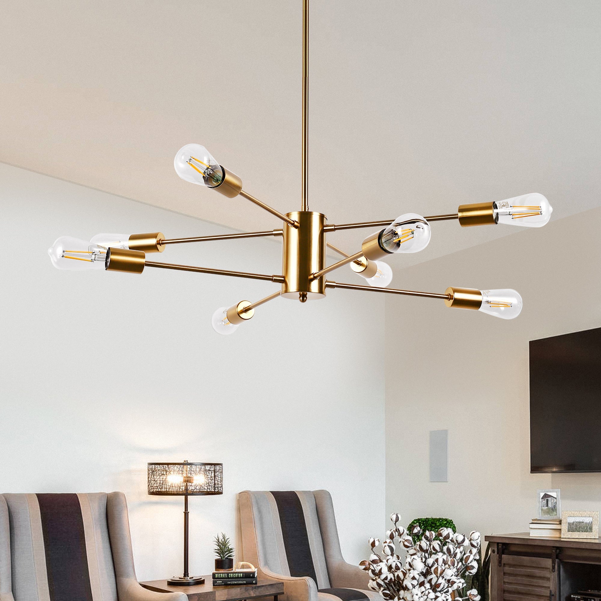 Jandcase 8-Light Industrial Chandelier, Brushed Brass Branch Ceiling Light Fixture E26 Vintage Farmhouse Lighting for Dining Room Living Room