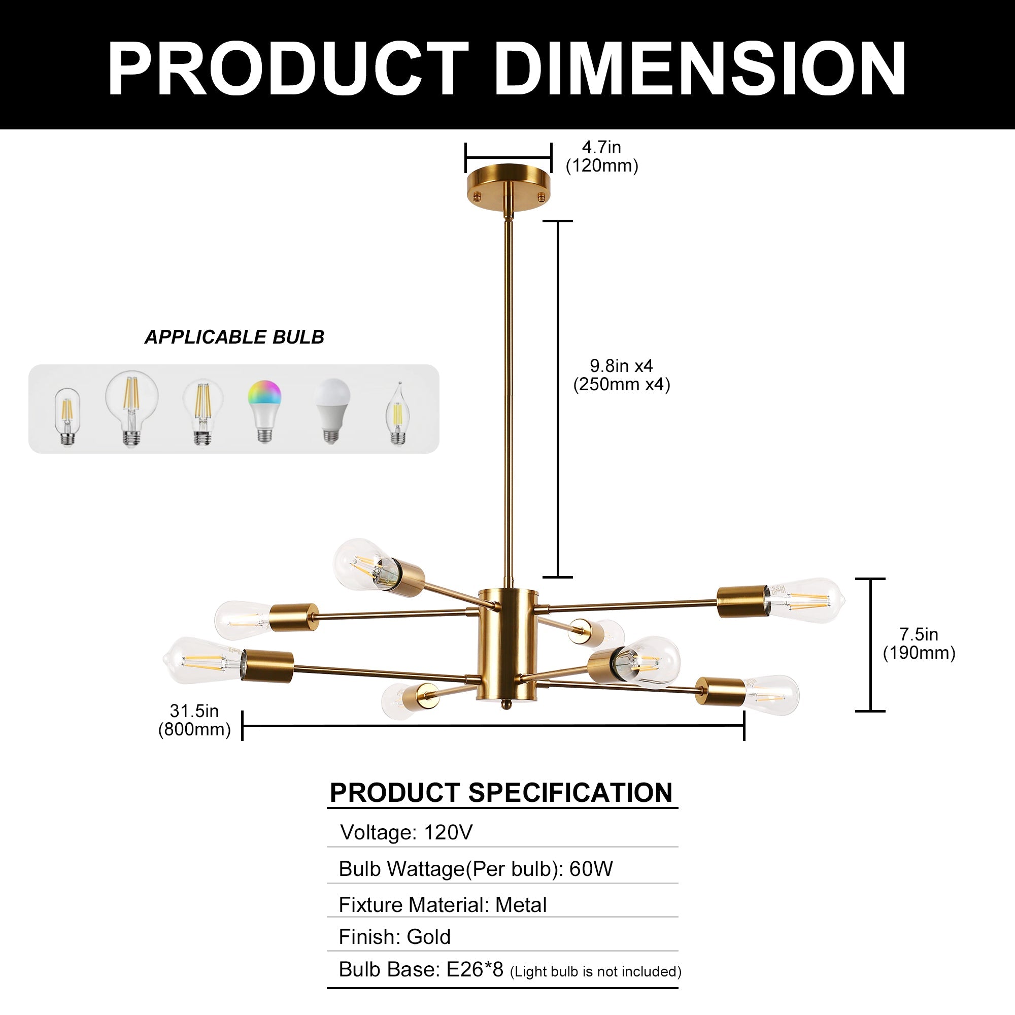 Jandcase 8-Light Industrial Chandelier, Brushed Brass Branch Ceiling Light Fixture E26 Vintage Farmhouse Lighting for Dining Room Living Room