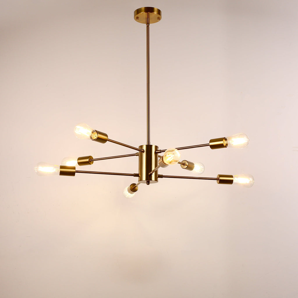 Jandcase 8-Light Industrial Chandelier, Brushed Brass Branch Ceiling Light Fixture E26 Vintage Farmhouse Lighting for Dining Room Living Room