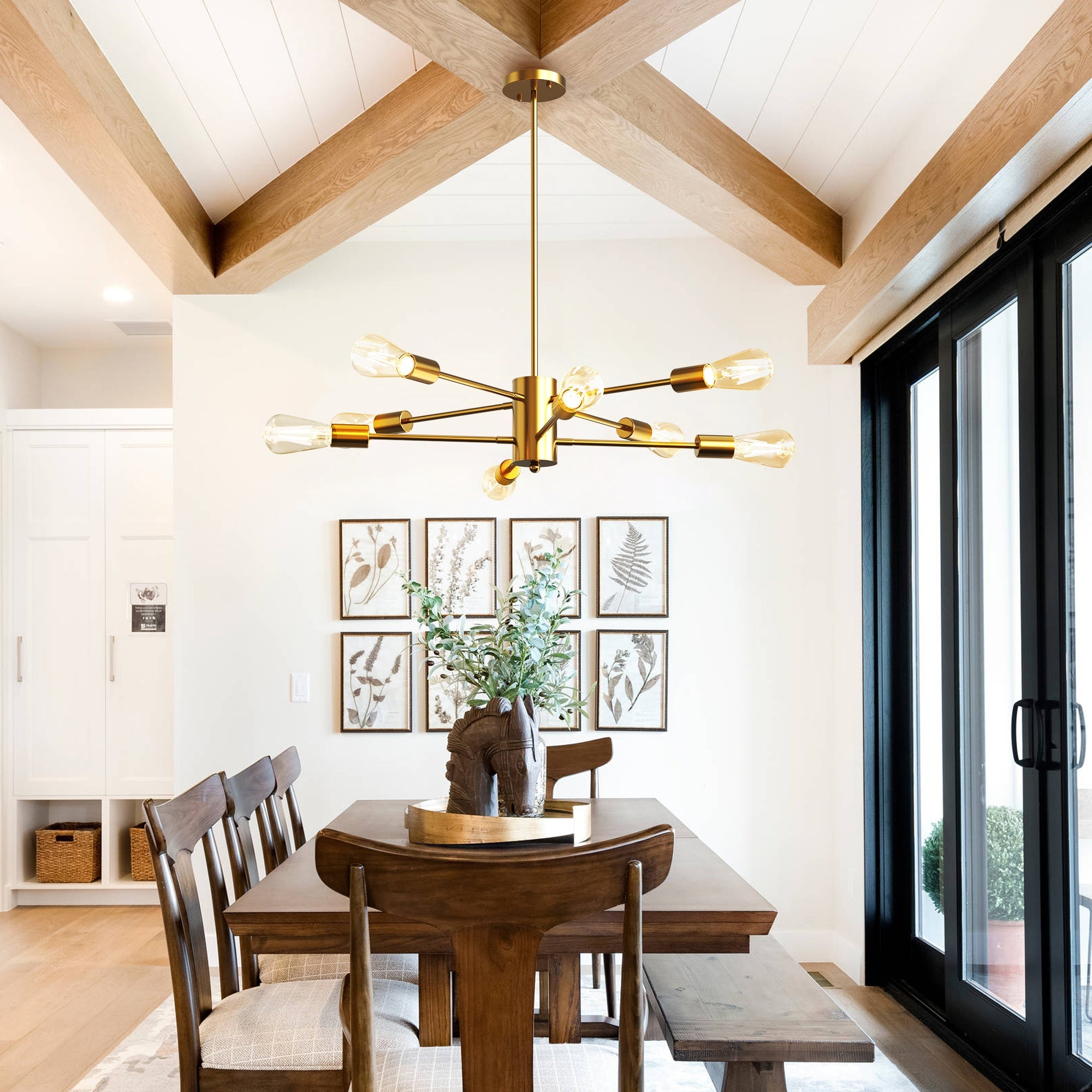 Jandcase 8-Light Industrial Chandelier, Brushed Brass Branch Ceiling Light Fixture E26 Vintage Farmhouse Lighting for Dining Room Living Room