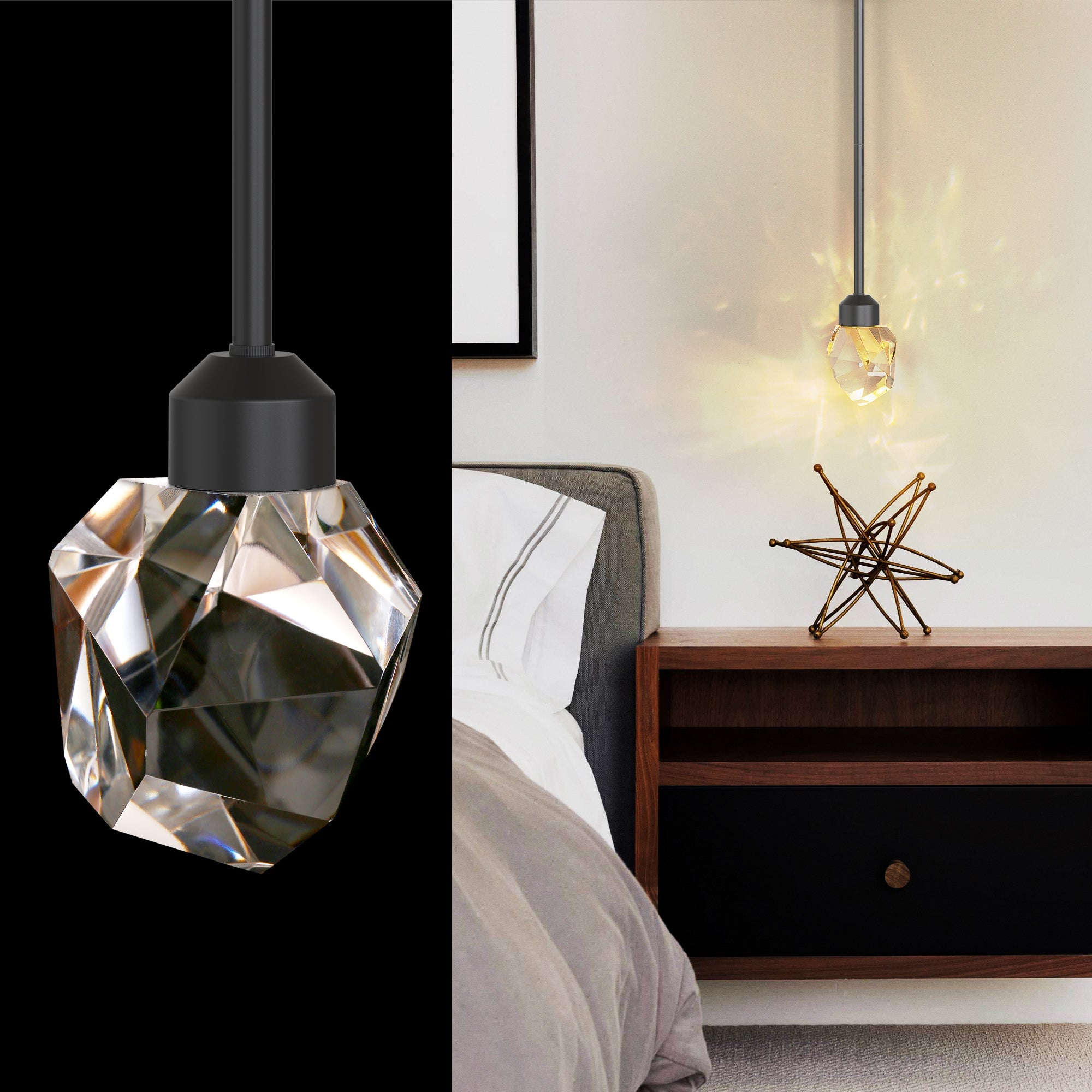 Jandcase 1-Light Modern Black Diamond Pendant Light 5W Integrated LED Hanging Ceiling Light 3000K for Kitchen Dining Room Bedroom