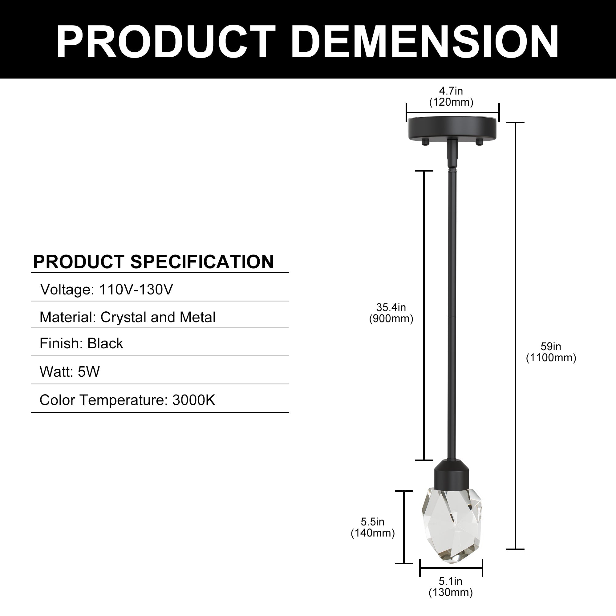Jandcase 1-Light Modern Black Diamond Pendant Light 5W Integrated LED Hanging Ceiling Light 3000K for Kitchen Dining Room Bedroom