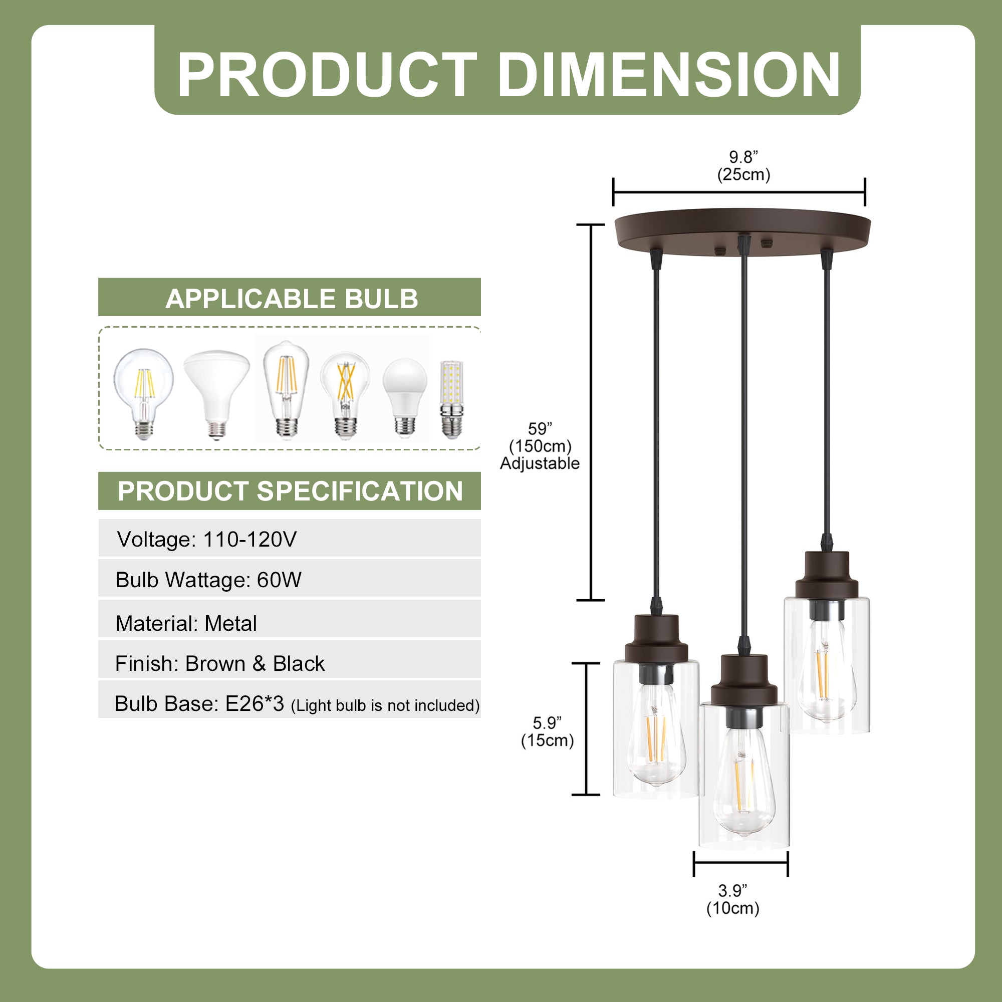 Jandcase 3-Light Oil Rubbed Bronze Kitchen Island Pendant Light with Clear Glass Shade Traditional E26 Ceiling Light Fixture