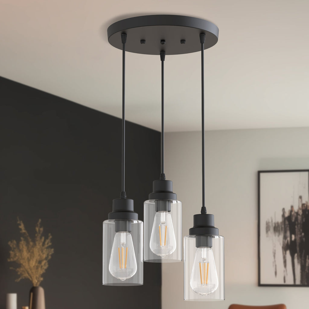 Jandcase 3-Light Black Chandelier Industrial Pendant Light Fixture with Clear Glass Shades for Kitchen and Dining Areas