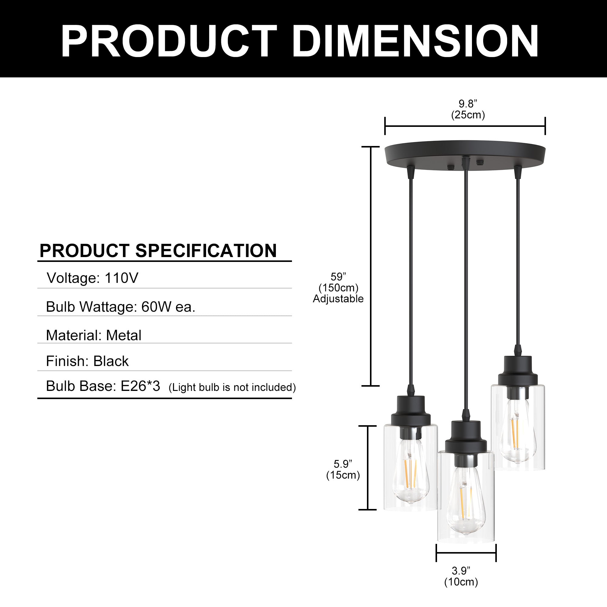 Jandcase 3-Light Black Chandelier Industrial Pendant Light Fixture with Clear Glass Shades for Kitchen and Dining Areas
