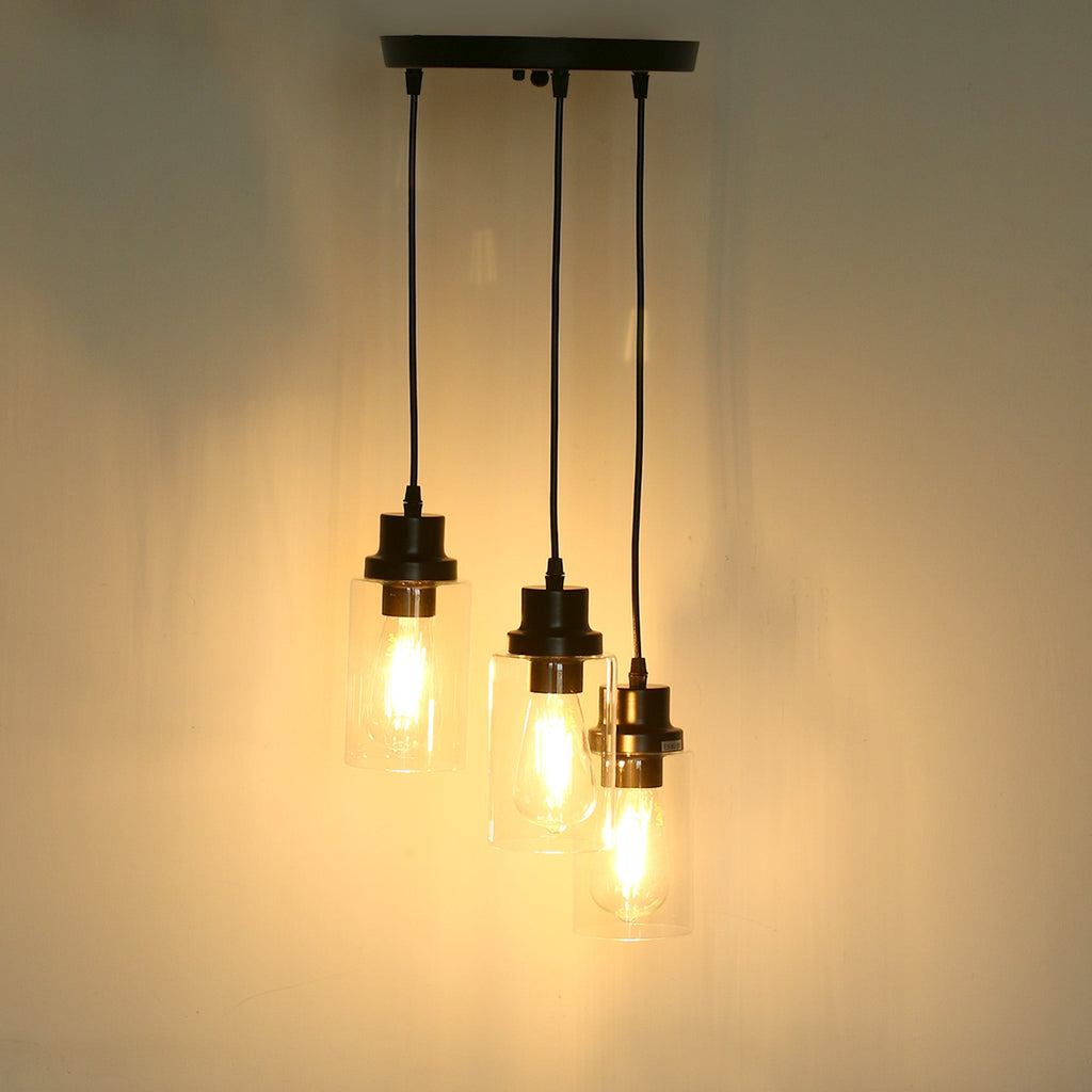 Jandcase 3-Light Black Chandelier Industrial Pendant Light Fixture with Clear Glass Shades for Kitchen and Dining Areas