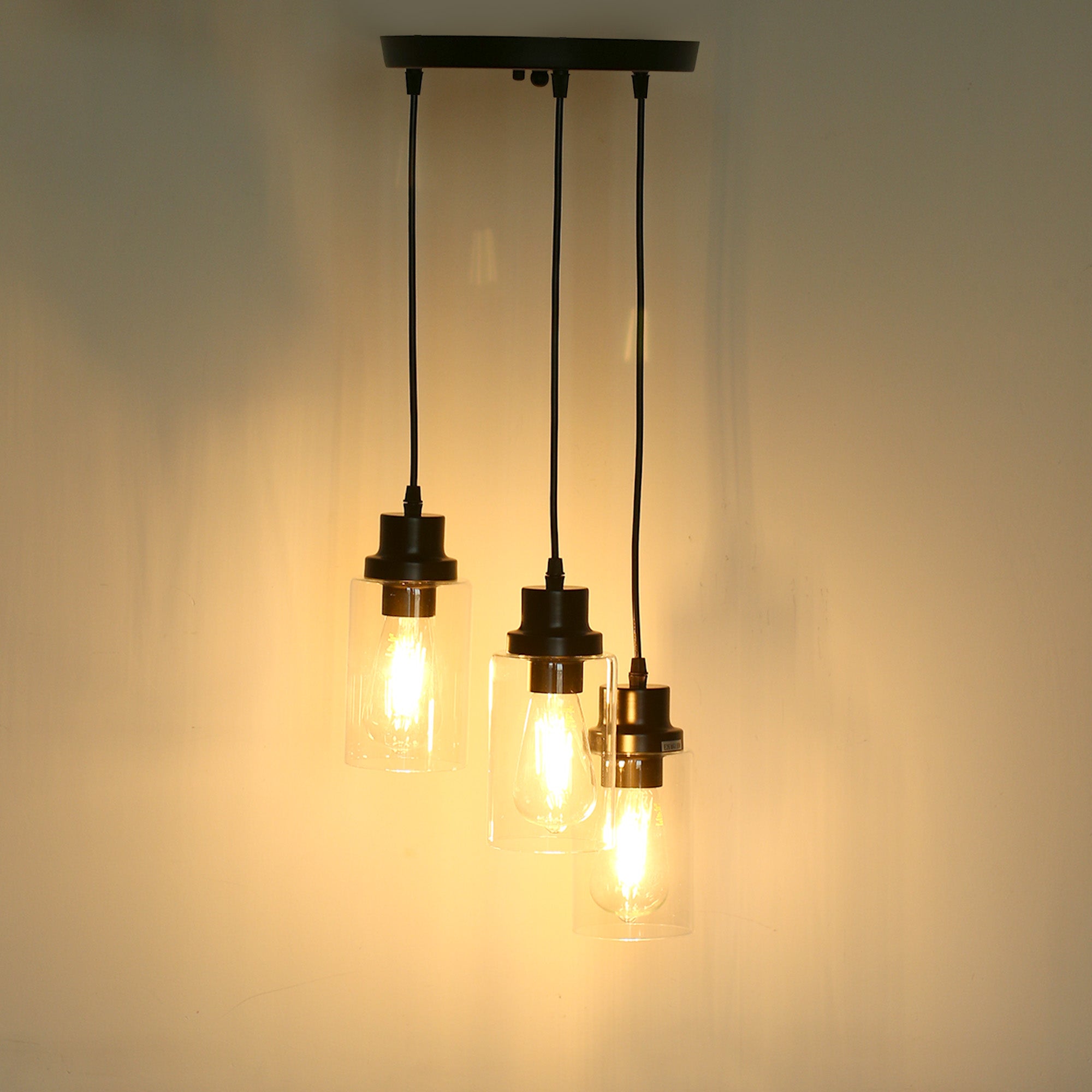 Jandcase 3-Light Black Chandelier Industrial Pendant Light Fixture with Clear Glass Shades for Kitchen and Dining Areas