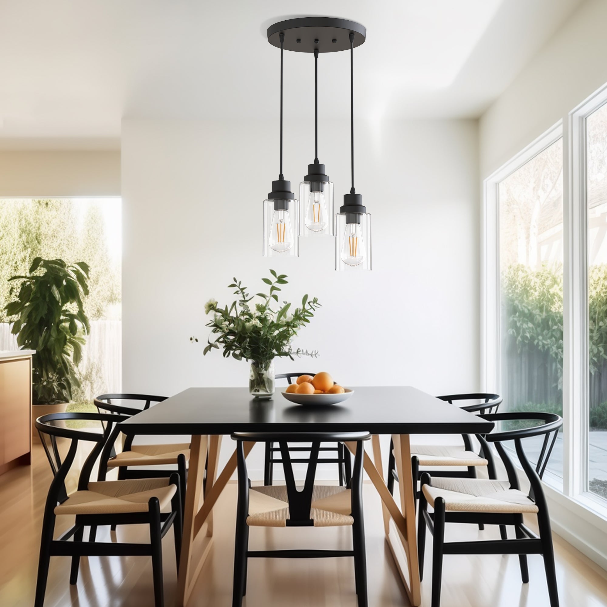 Jandcase 3-Light Black Chandelier Industrial Pendant Light Fixture with Clear Glass Shades for Kitchen and Dining Areas
