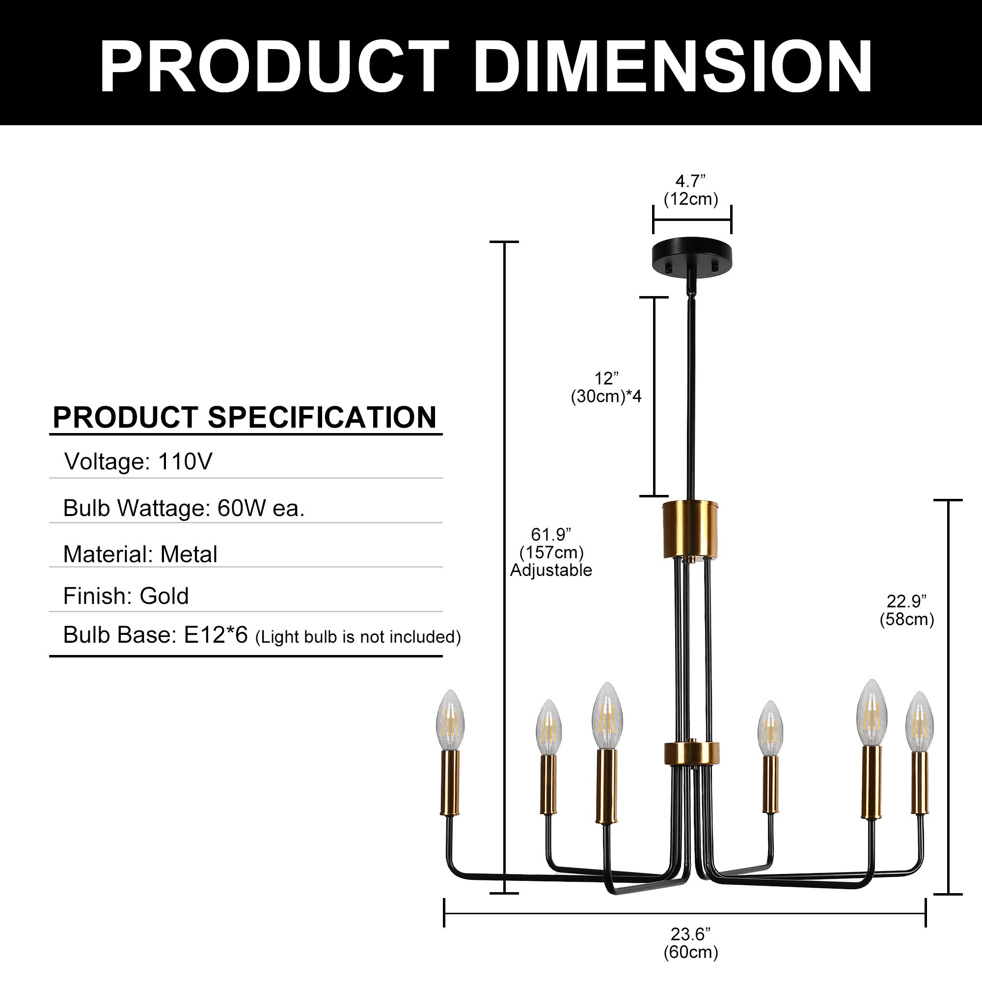 Jandcase 6-Light Black Gold Branch Chandelier ETL Certified Modern Ceiling Pendant Light E12