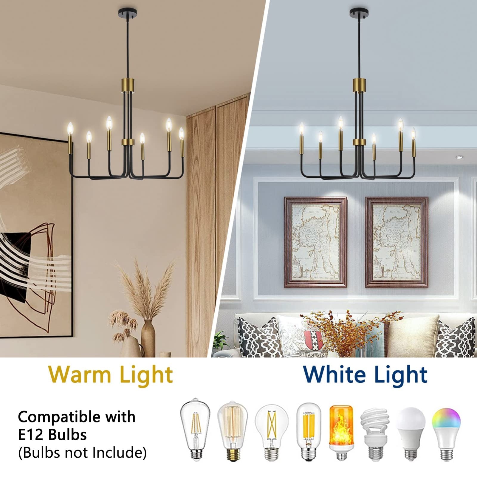 Jandcase 6-Light Black Gold Branch Chandelier ETL Certified Modern Ceiling Pendant Light E12