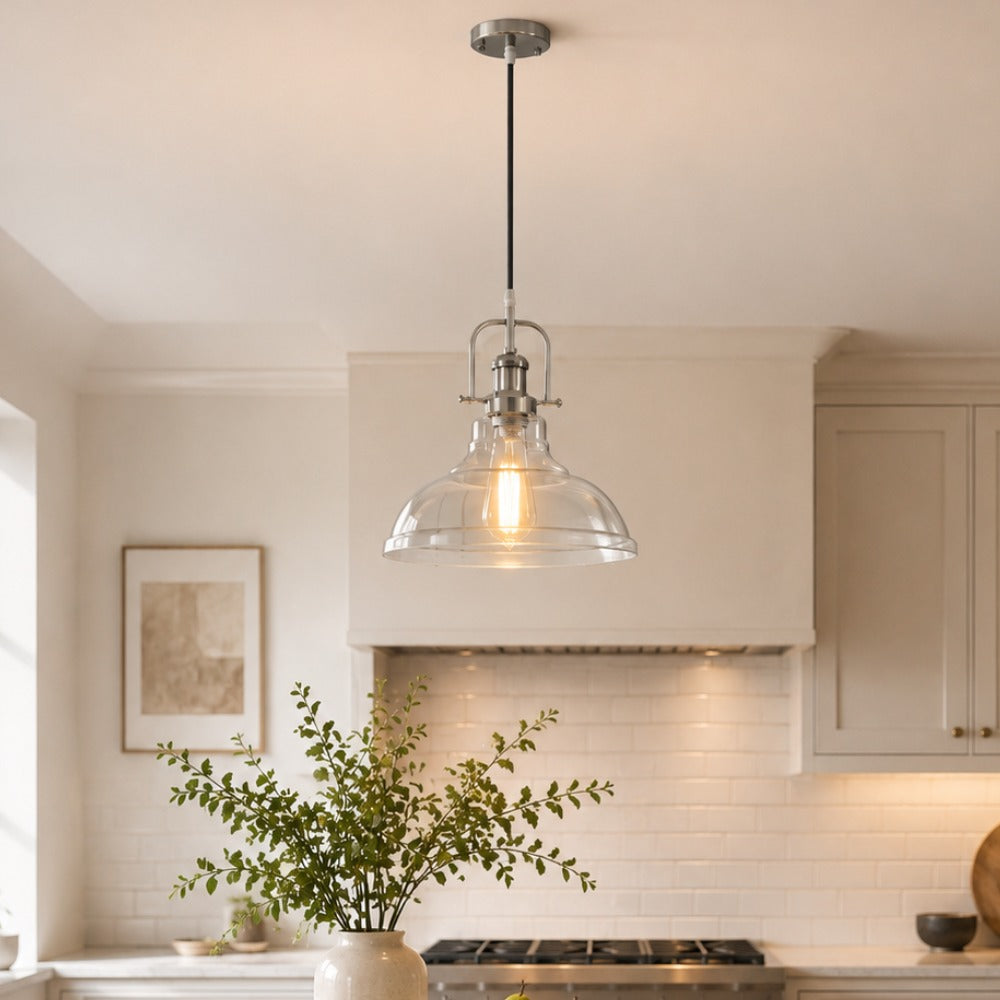 Jandcase 1-Light Chrome Glass Pendant Light with 11in Clear Glass Shade Convertible Flush Mount E26 Fixture