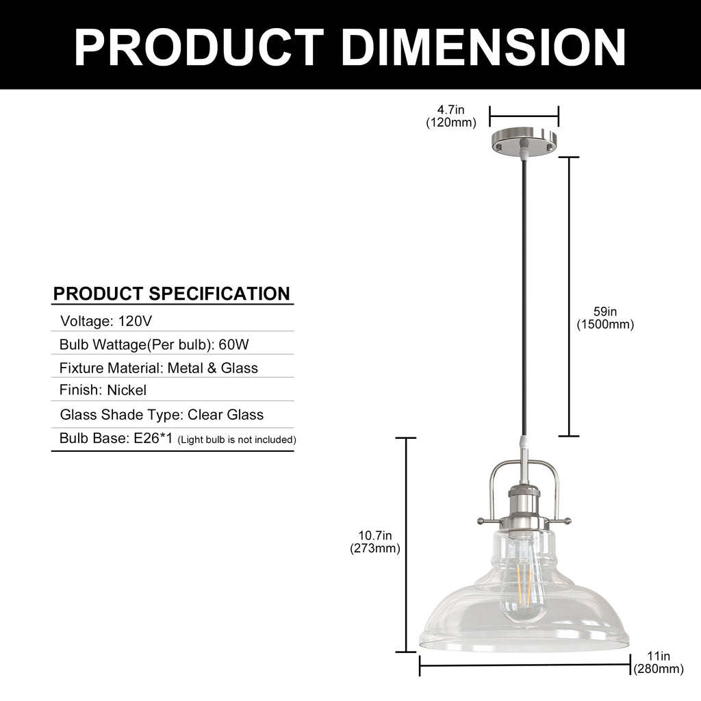 Jandcase 1-Light Chrome Glass Pendant Light with 11in Clear Glass Shade Convertible Flush Mount E26 Fixture