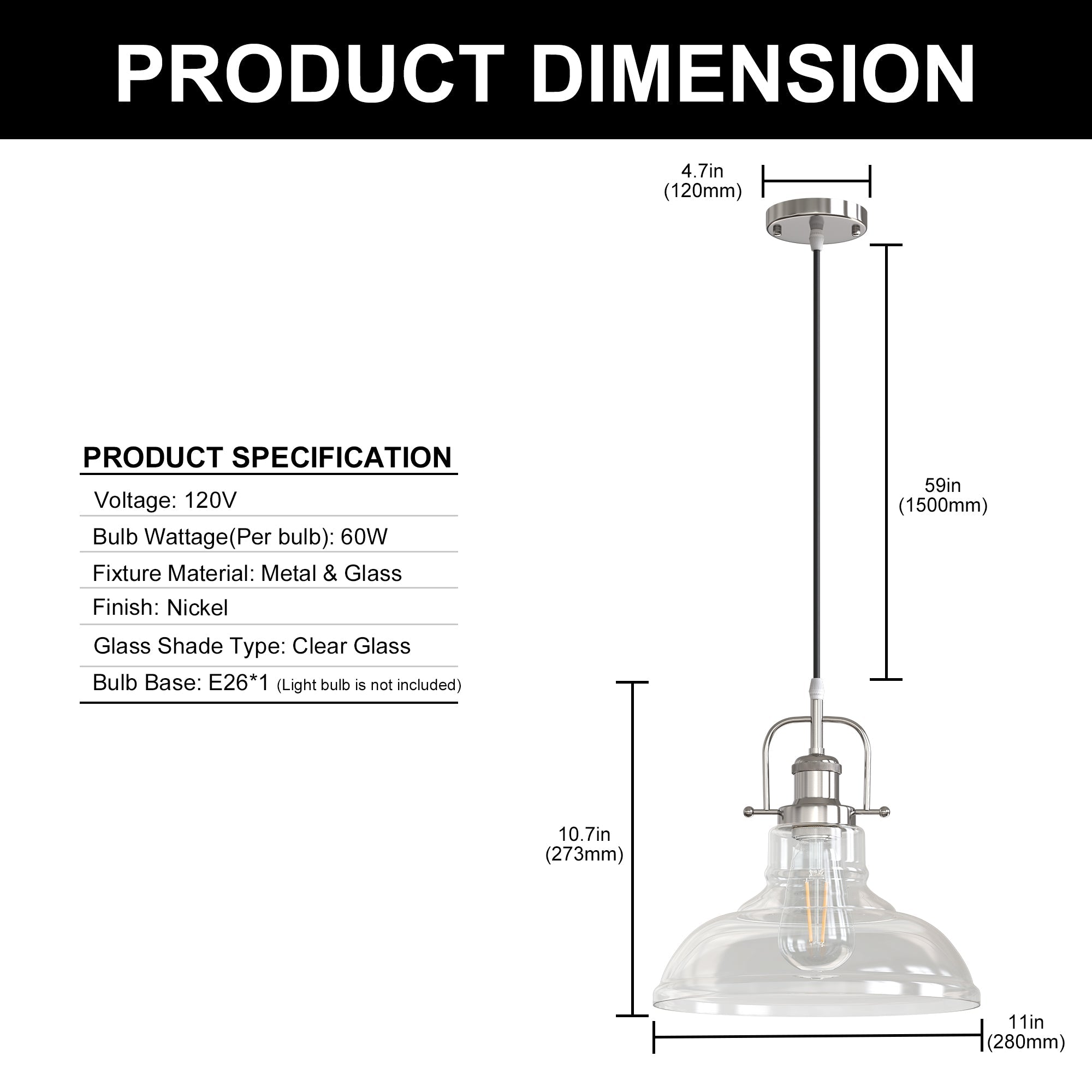 Jandcase 1-Light Chrome Glass Pendant Light with 11in Clear Glass Shade Convertible Flush Mount E26 Fixture