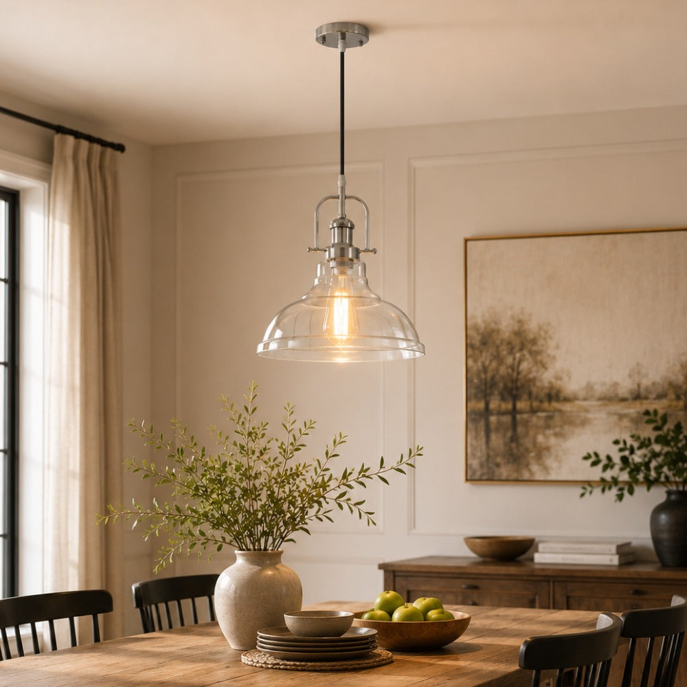 Jandcase 1-Light Chrome Glass Pendant Light with 11in Clear Glass Shade Convertible Flush Mount E26 Fixture