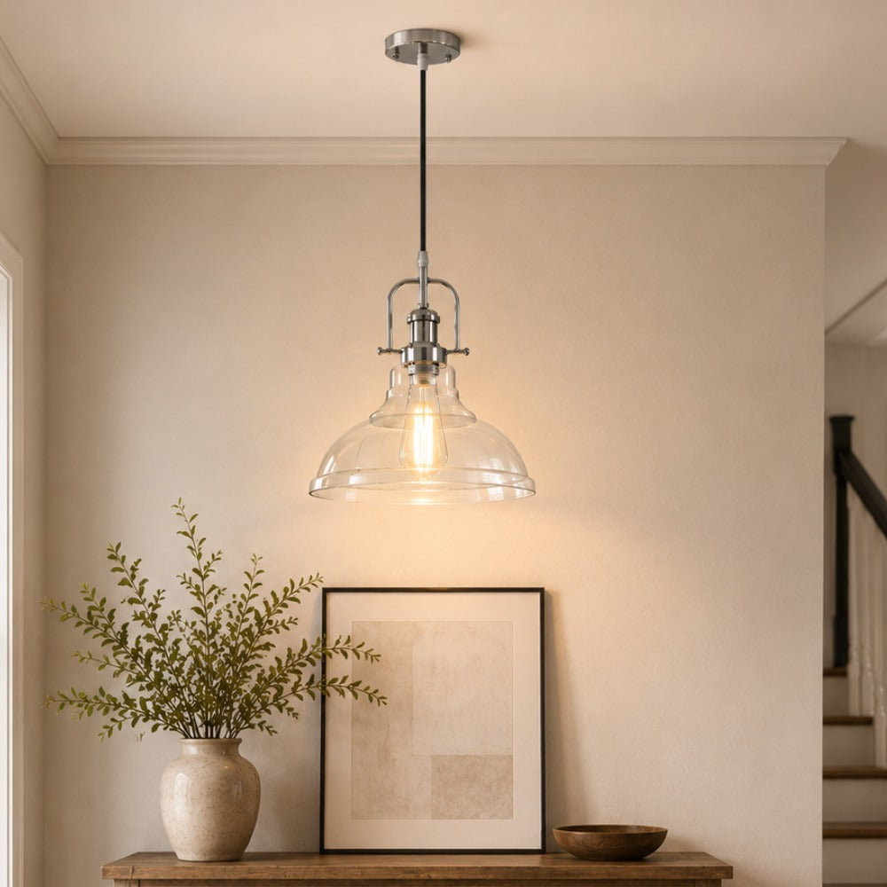 Jandcase 1-Light Chrome Glass Pendant Light with 11in Clear Glass Shade Convertible Flush Mount E26 Fixture