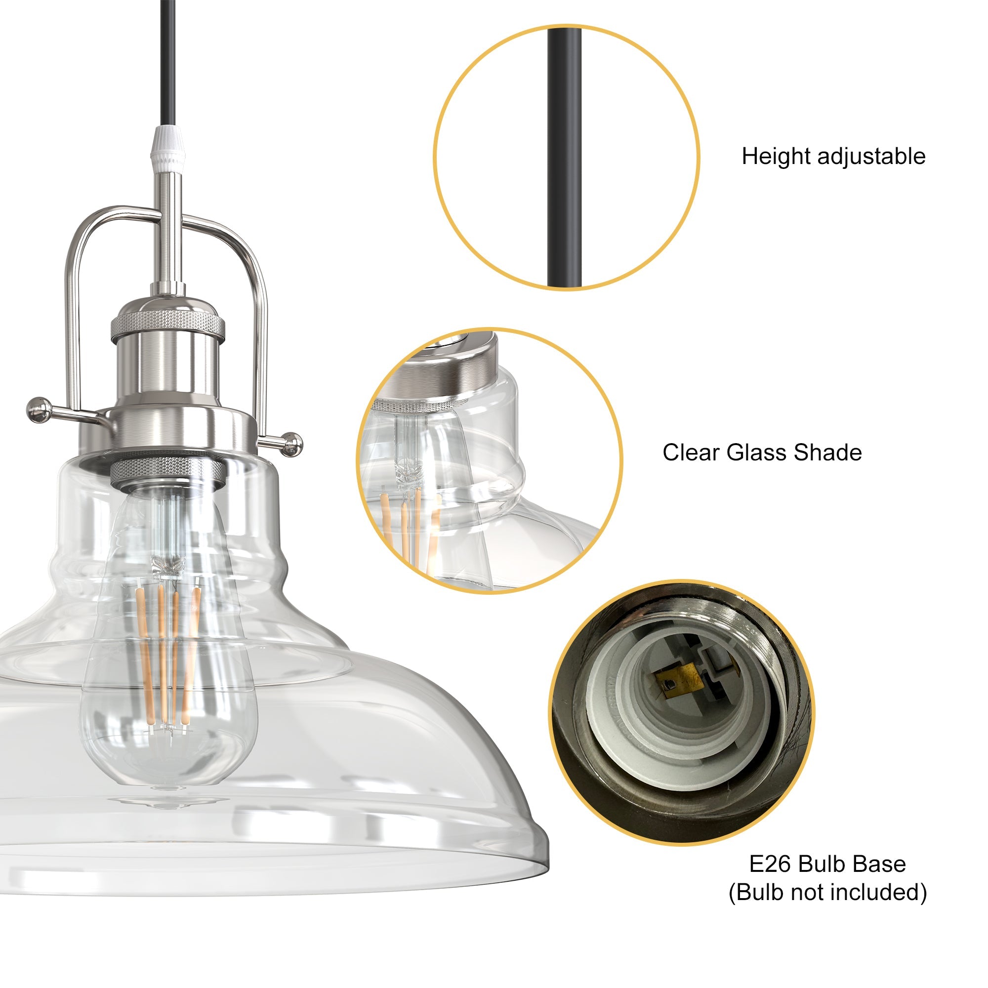 Jandcase 1-Light Chrome Glass Pendant Light with 11in Clear Glass Shade Convertible Flush Mount E26 Fixture