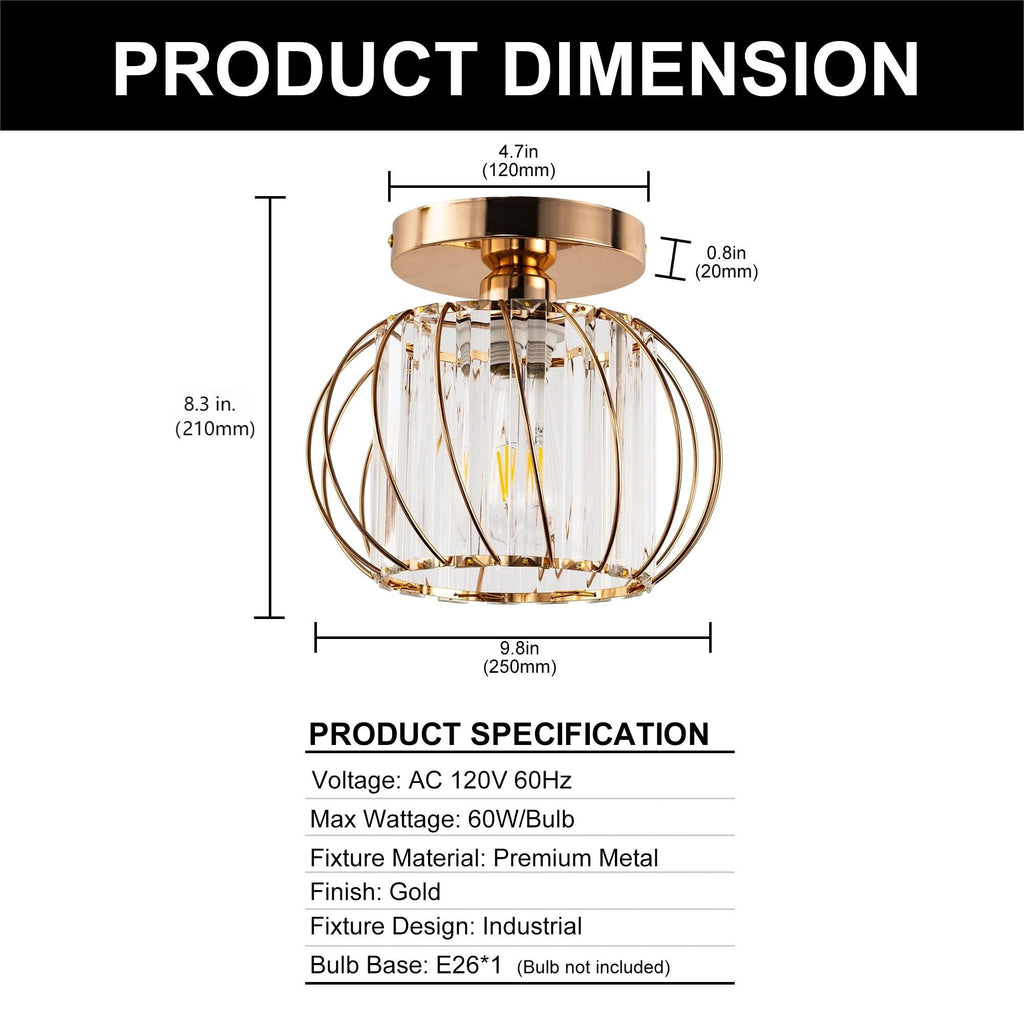 Jandcase Gold Semi Flush Mount Ceiling Light, Modern Single Light Fixture with Glass Shade, E26 Ceiling Lamp for Bedroom Kitchen Hallway Entryway