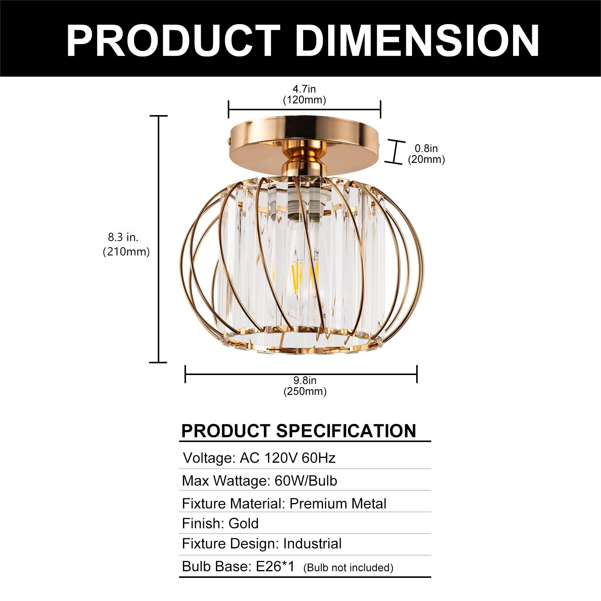 Jandcase Gold Semi Flush Mount Ceiling Light, Modern Single Light Fixture with Glass Shade, E26 Ceiling Lamp for Bedroom Kitchen Hallway Entryway