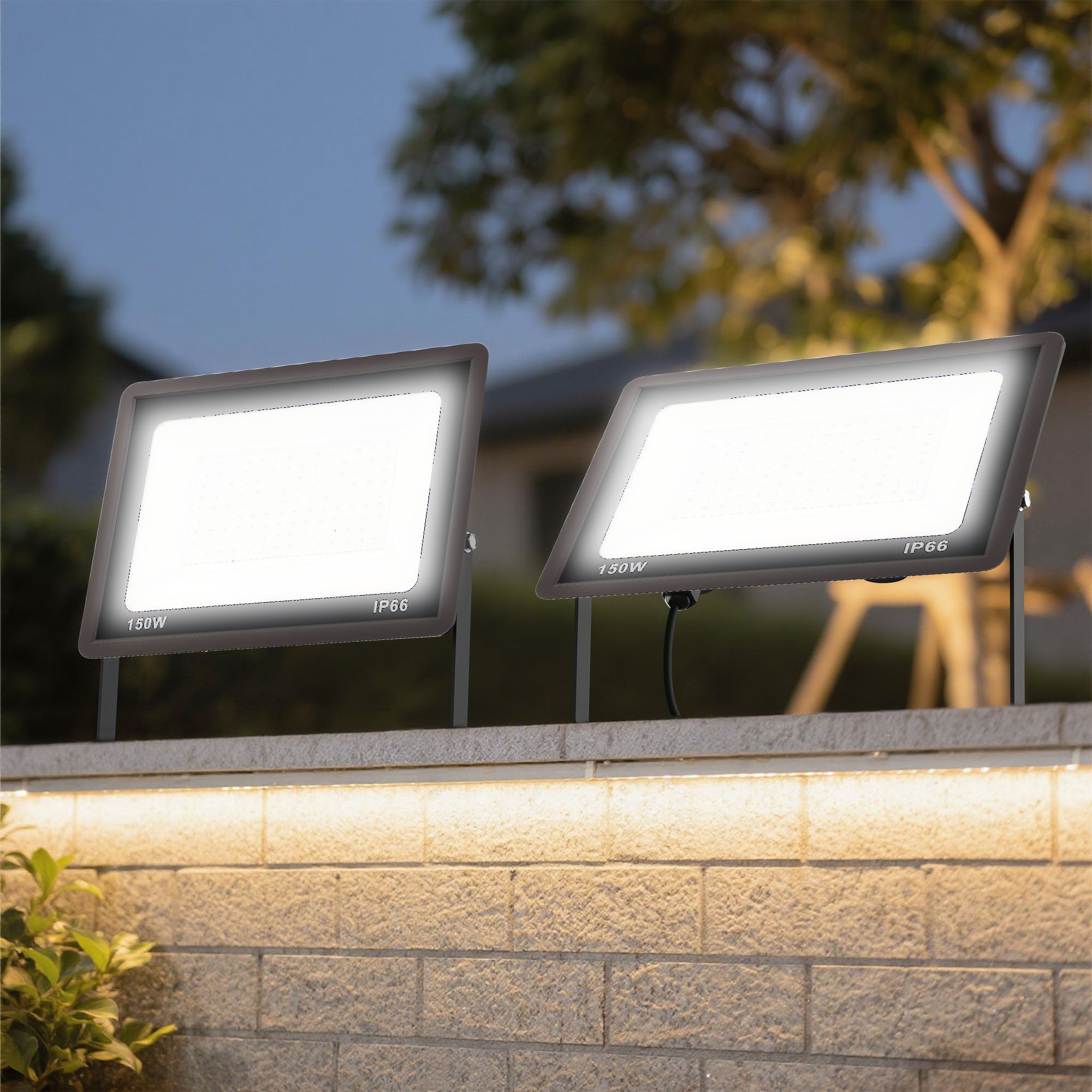 Jandcase 2-Pack LED Dusk to Dawn Flood Lights Outdoor 53.4W 3836LM Plug-in Security Spotlights IP66 Waterproof 6354K White Light