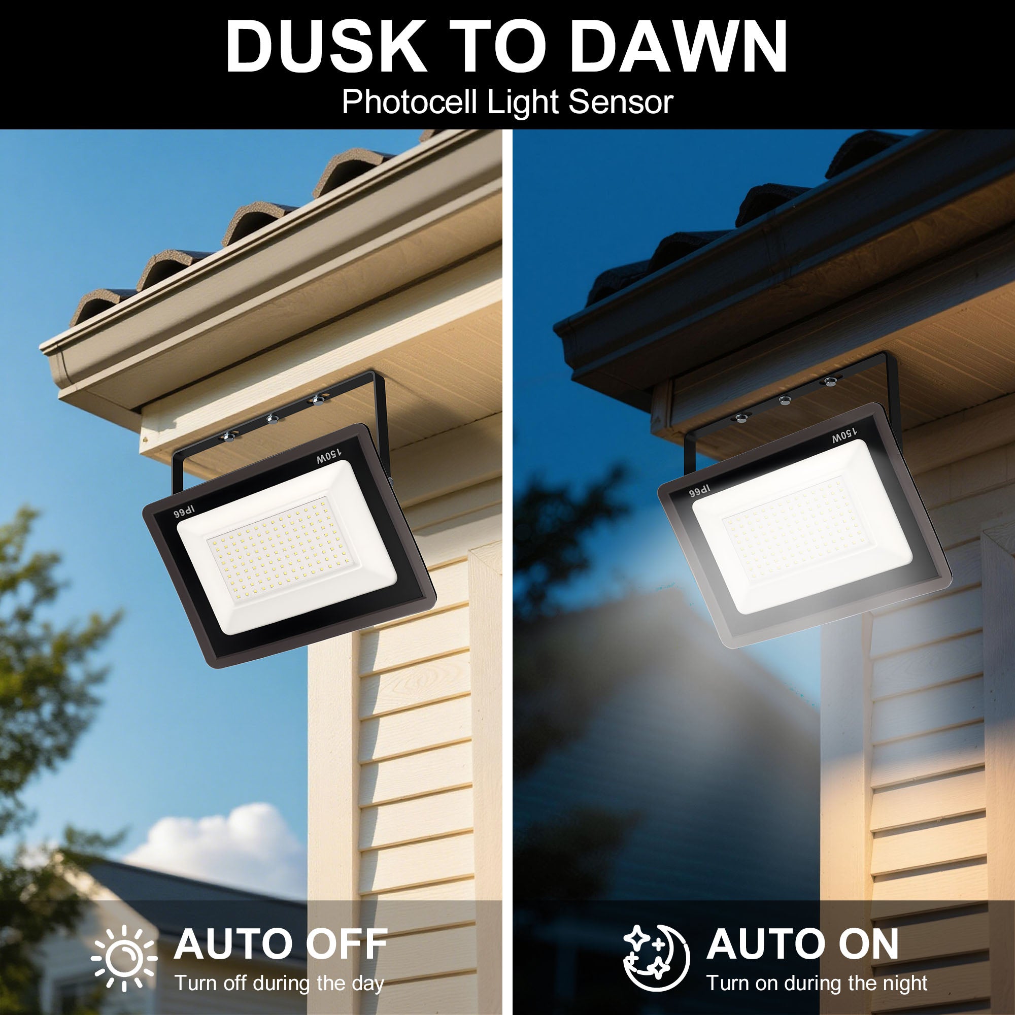 Jandcase 2-Pack LED Dusk to Dawn Flood Lights Outdoor 53.4W 3836LM Plug-in Security Spotlights IP66 Waterproof 6354K White Light