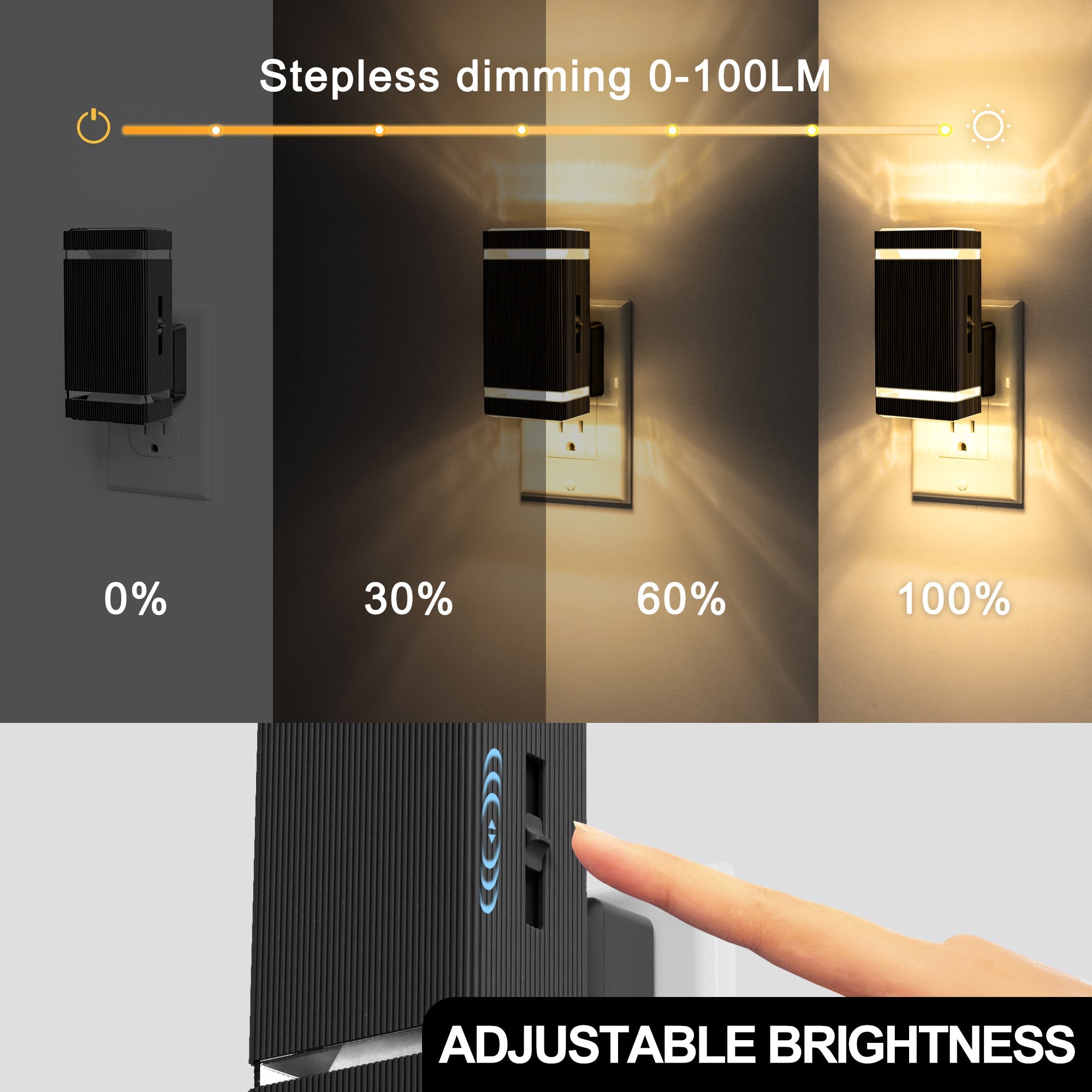 Jandcase 2-Pack 1W Plug-in Motion-Control Night Lights, Warm White 3000K, Sliding Dimming 0%-100%, Black Housing