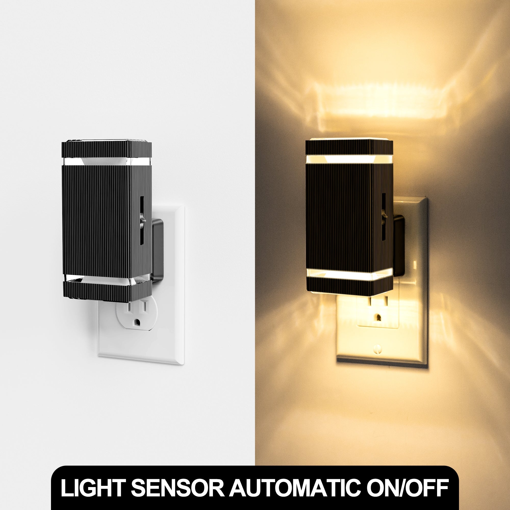 Jandcase 2-Pack 1W Plug-in Motion-Control Night Lights, Warm White 3000K, Sliding Dimming 0%-100%, Black Housing