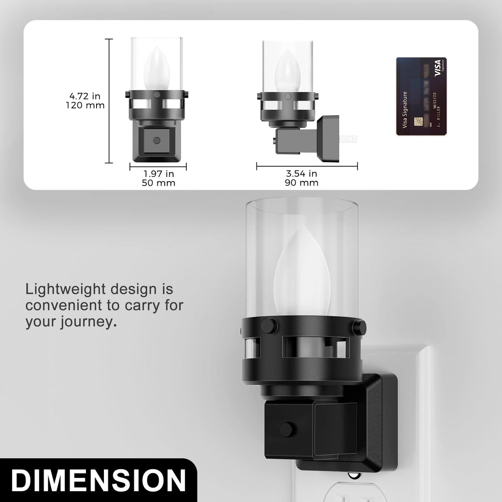 Jandcase 2-Pack 0.6W Plug-in Candle Night Lights, Black Wood Grain, Warm White 3000K, Adjustable C7 LED Filament