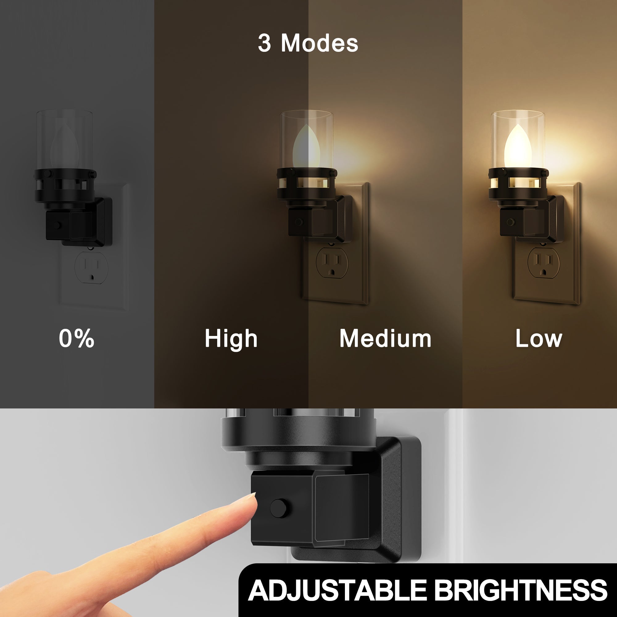 Jandcase 2-Pack 0.6W Plug-in Candle Night Lights, Black Wood Grain, Warm White 3000K, Adjustable C7 LED Filament
