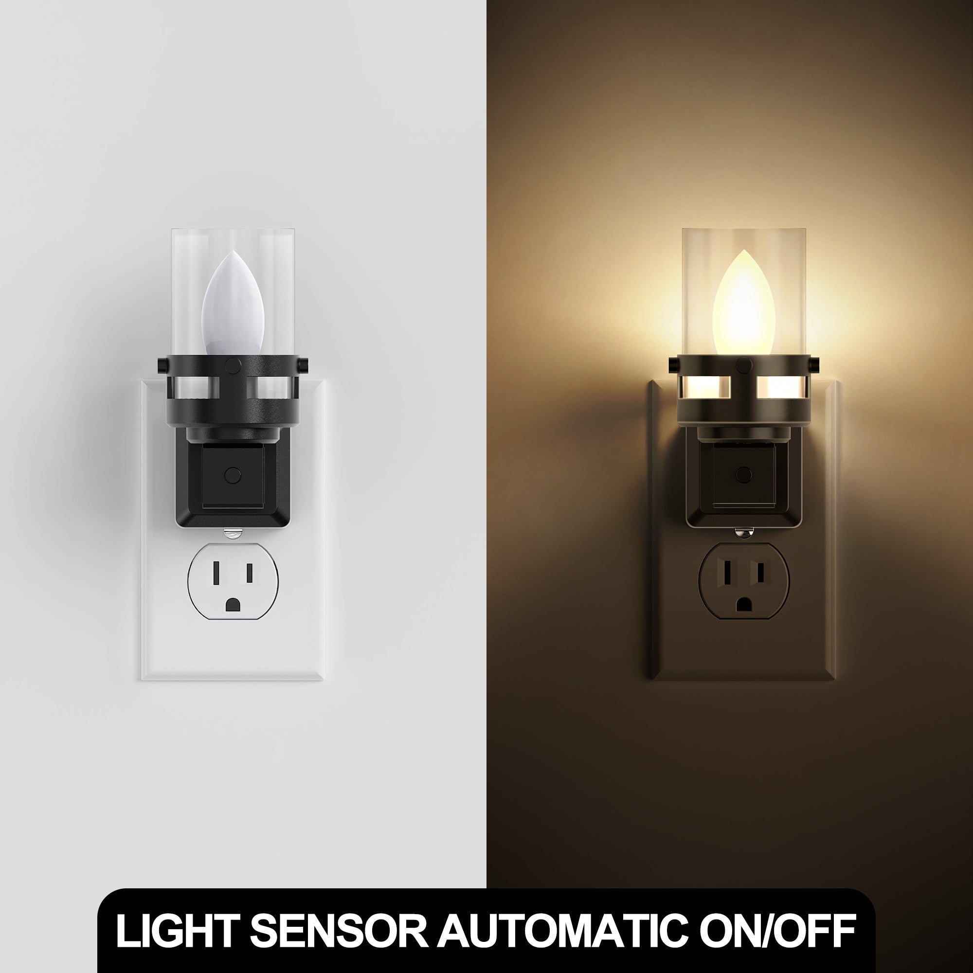 Jandcase 2-Pack 0.6W Plug-in Candle Night Lights, Black Wood Grain, Warm White 3000K, Adjustable C7 LED Filament