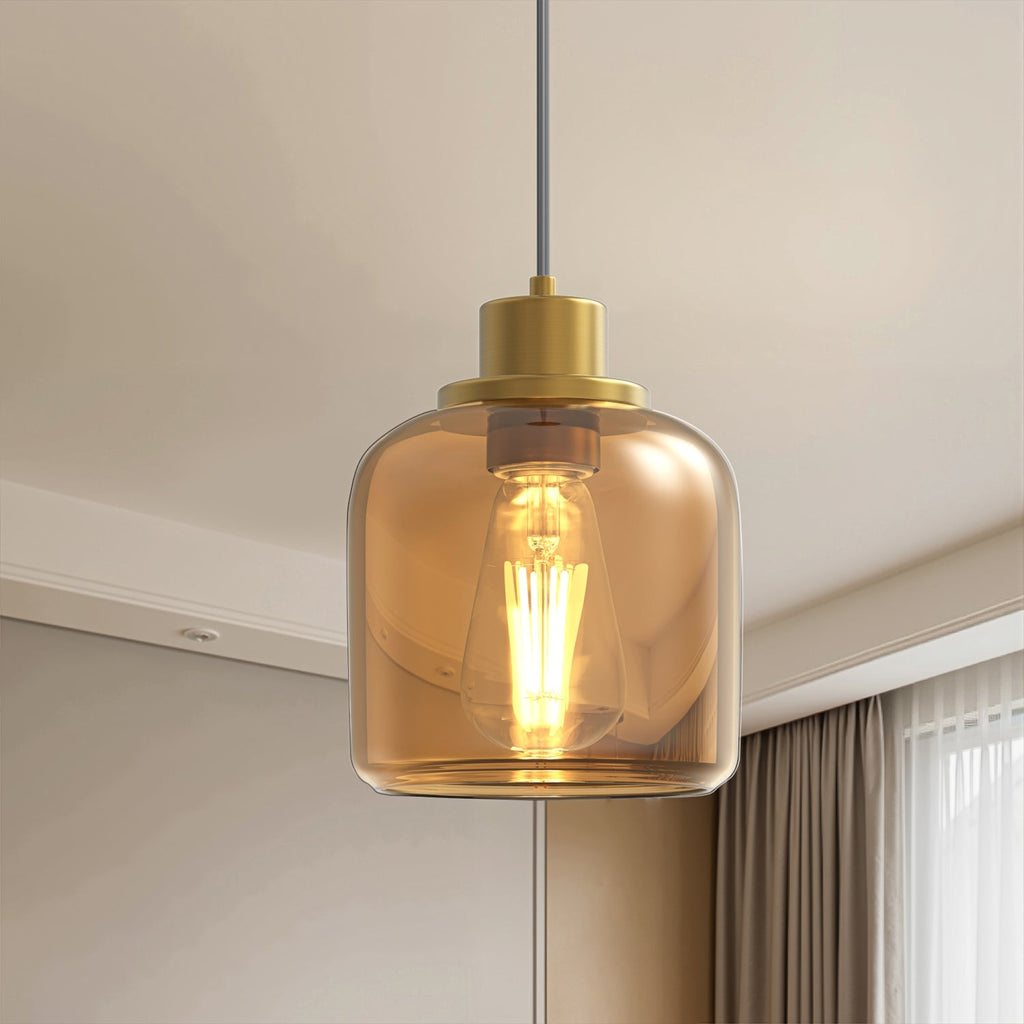 Jandcase 1-Light Traditional Pendant Light with Rounded Amber Glass Shade and Copper-Plated Metal Finish, No Bulbs Included