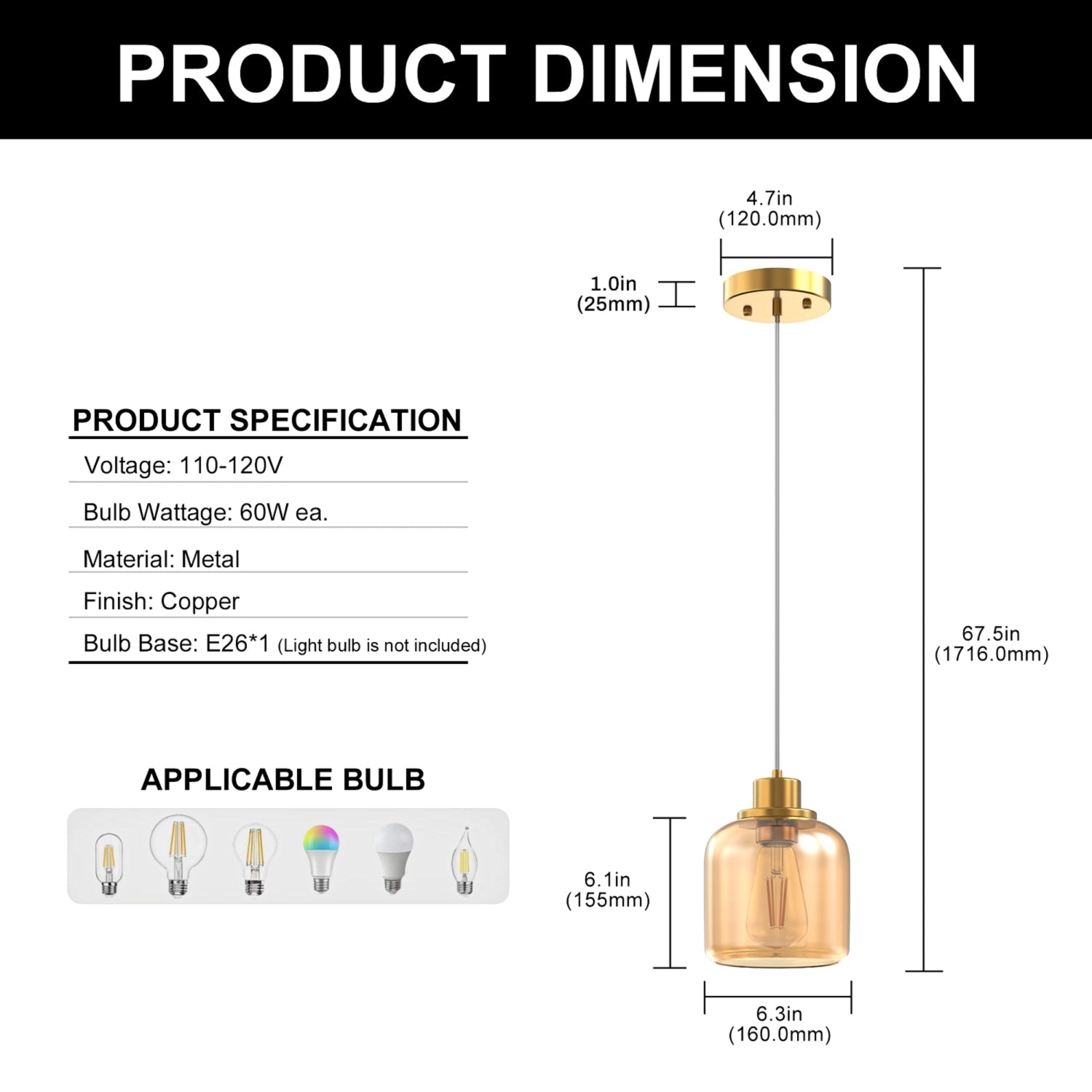 Jandcase 1-Light Traditional Pendant Light with Rounded Amber Glass Shade and Copper-Plated Metal Finish, No Bulbs Included