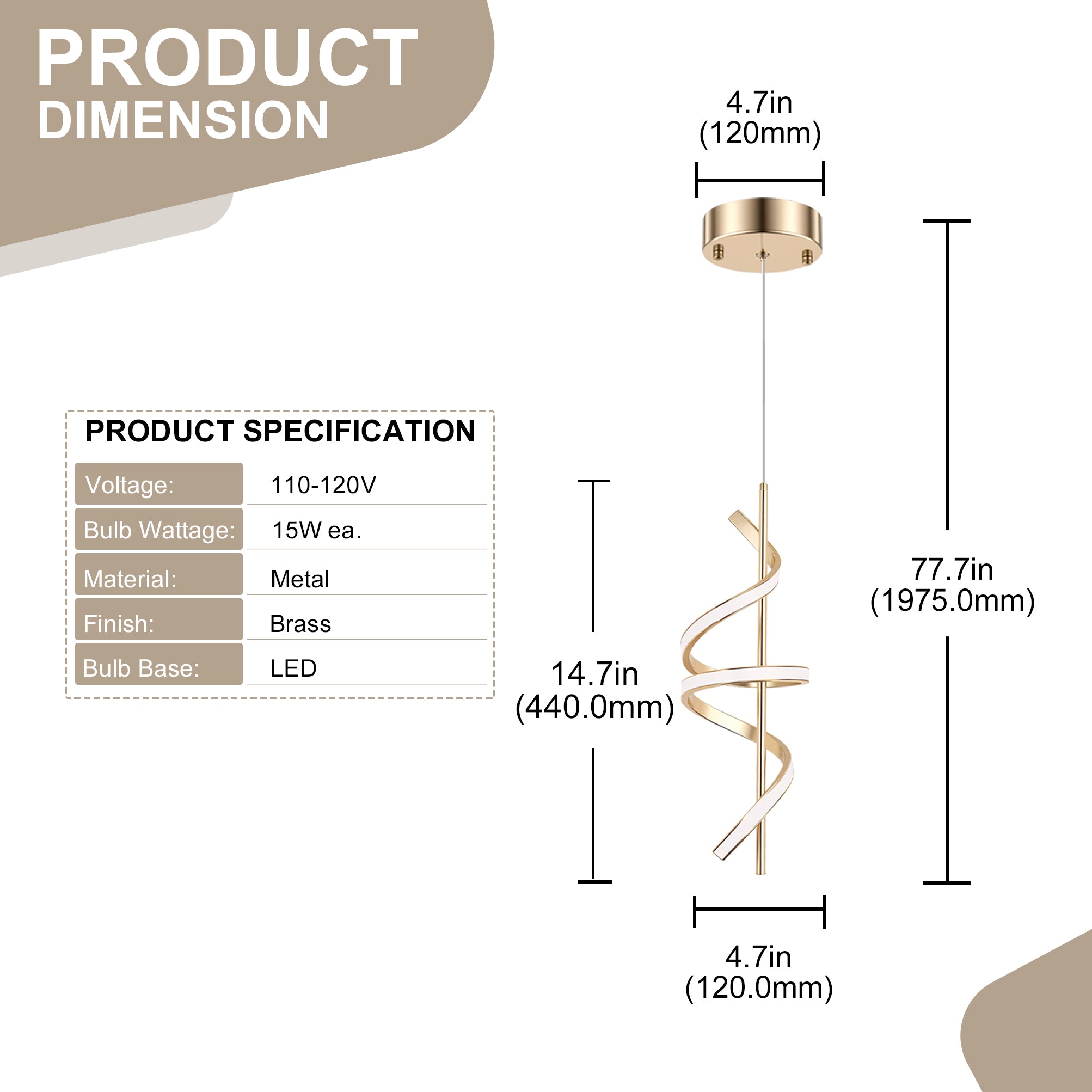 Jandcase 1-Light Copper Modern Spiral Tube Pendant Light, 18-Watt Integrated LED, 1440LM, 6000K, Minimalist Hanging Ceiling Light