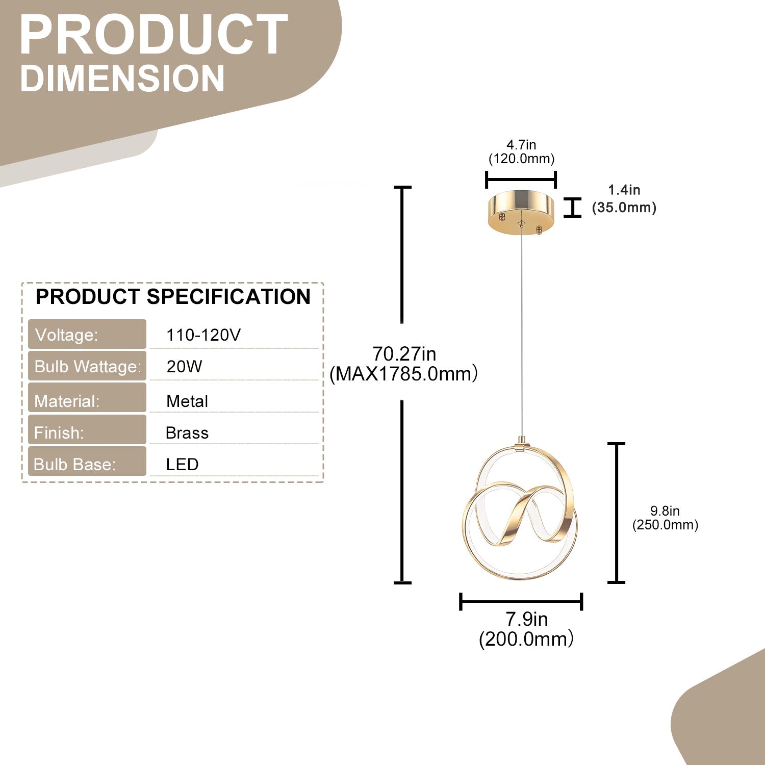 Jandcase 1-Light Copper Spiral Tube Pendant Light with Circular "Eight" Design, 24W Integrated LED Hanging Light 6000K Daylight