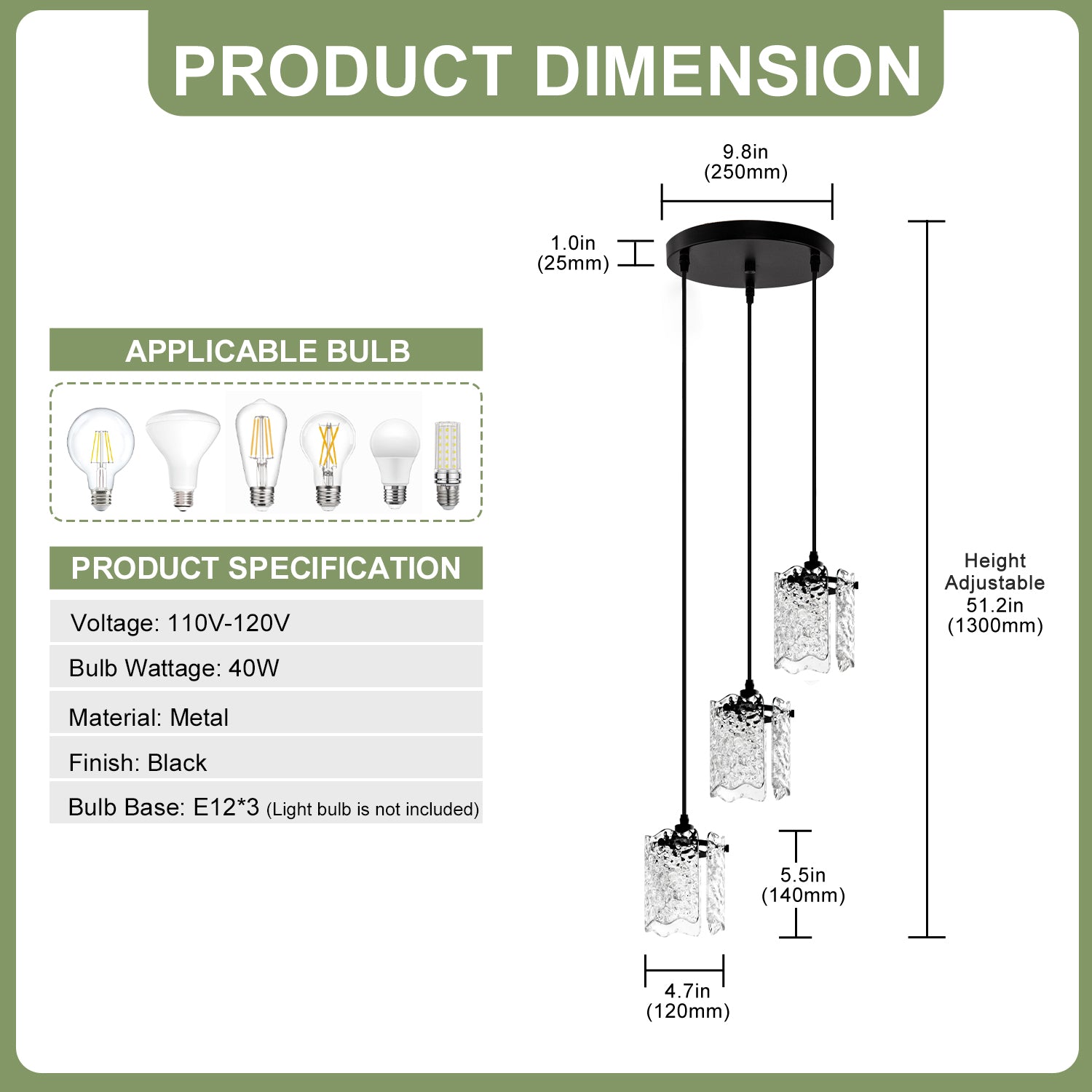 Jandcase 12.6 in 3-Light Cluster Black Powder-Coated Metal Frame Pendant Light with Clear Glass Shades, E12 Base