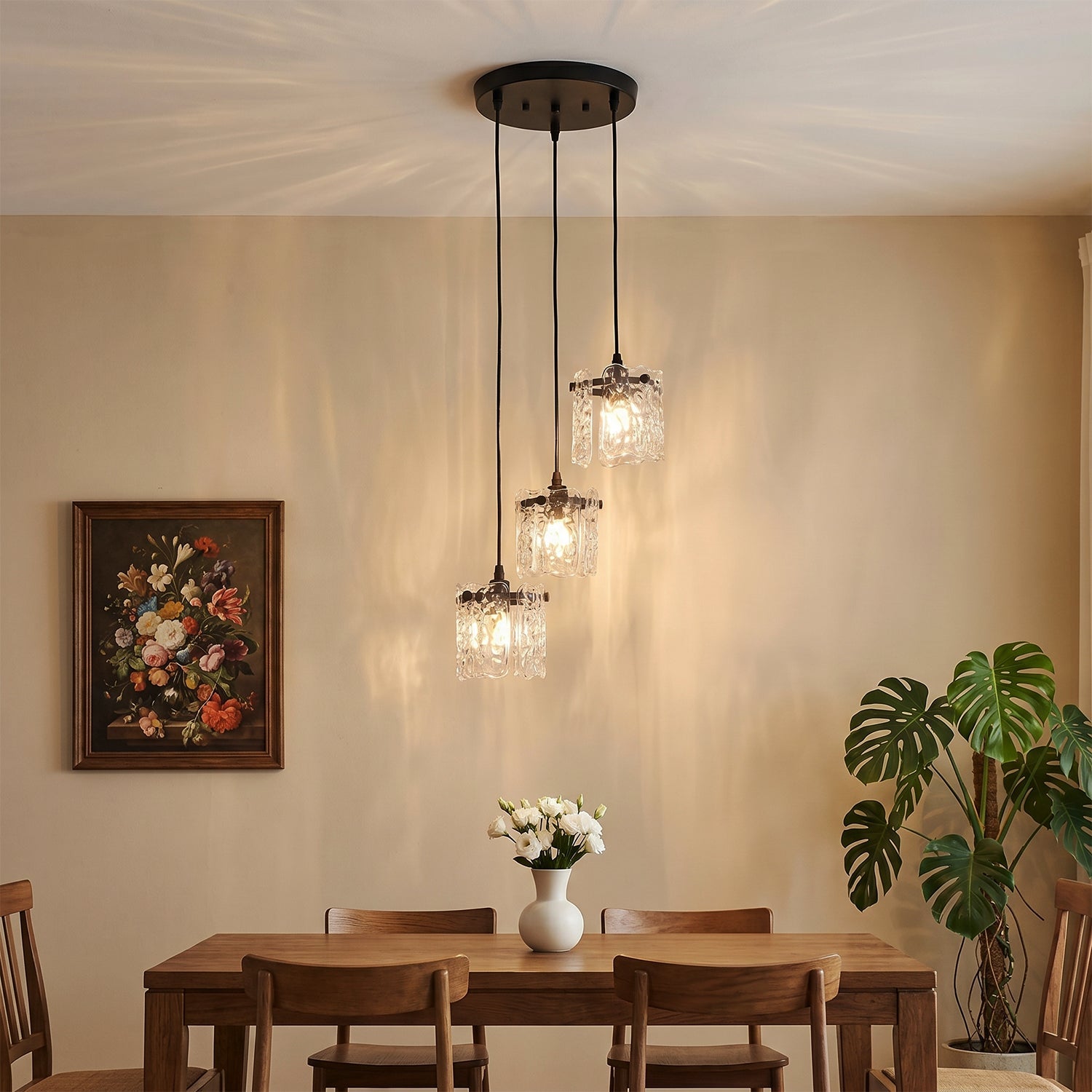 Jandcase 12.6 in 3-Light Cluster Black Powder-Coated Metal Frame Pendant Light with Clear Glass Shades, E12 Base