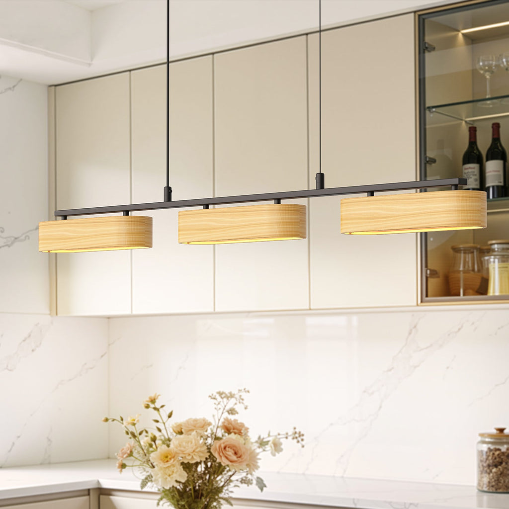 Jandcase 3-Light Farmhouse LED Island Pendant 37.6 in. Matte Black Metal with Oval Wood Shades Dimmable Color Temp 3000-6000K
